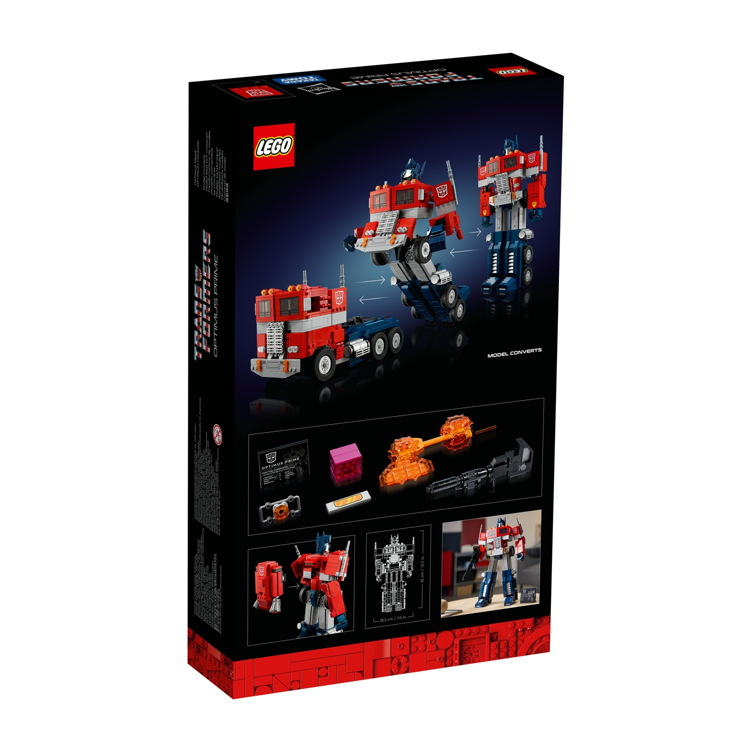 Il retro di una scatola Lego Transformers Optimus Prime mostra il modello che si trasforma da camion a robot, con il logo Lego.