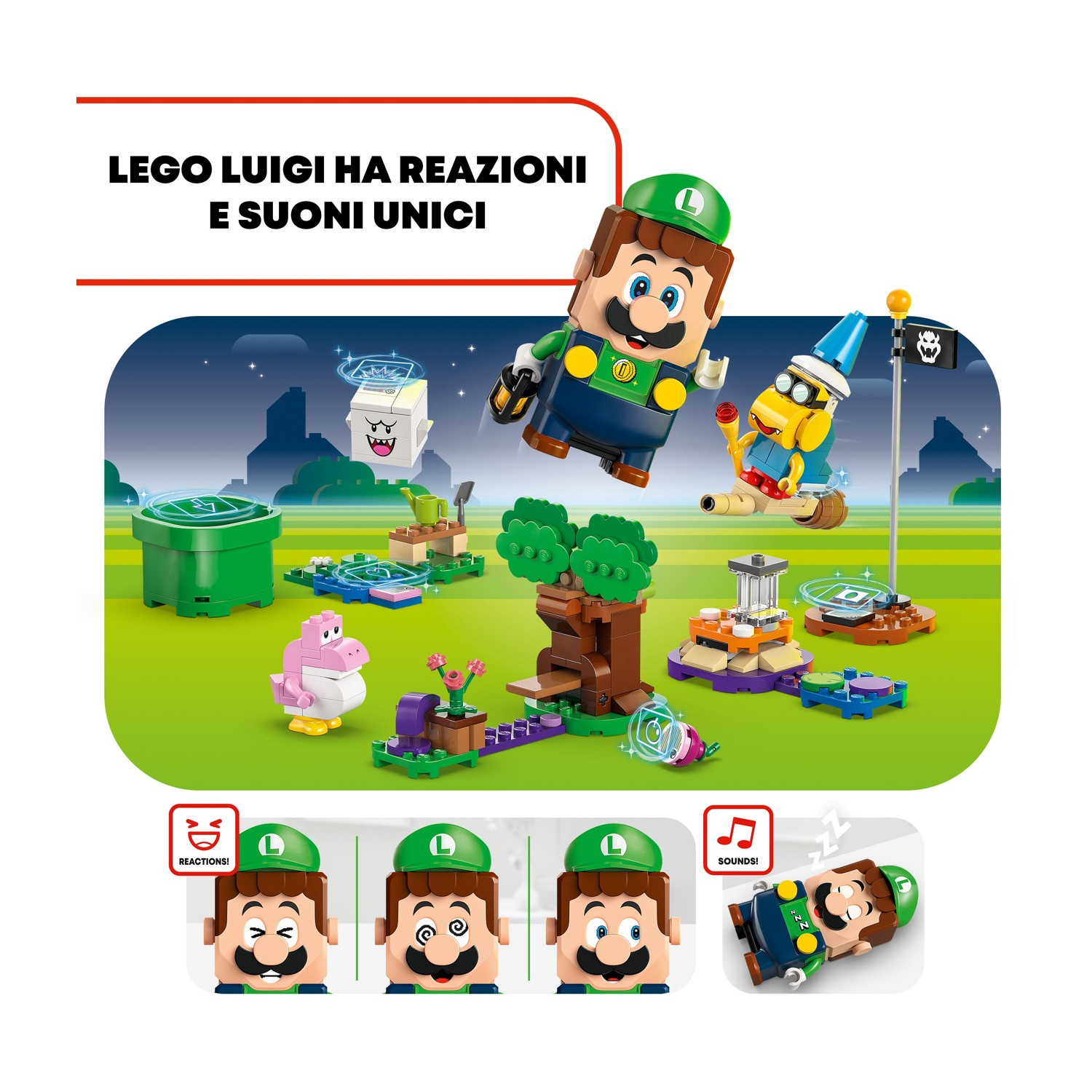 Set Lego con la figura di Luigi, varie strutture e personaggi. L'immagine mostra le diverse reazioni e suoni della figura Lego.