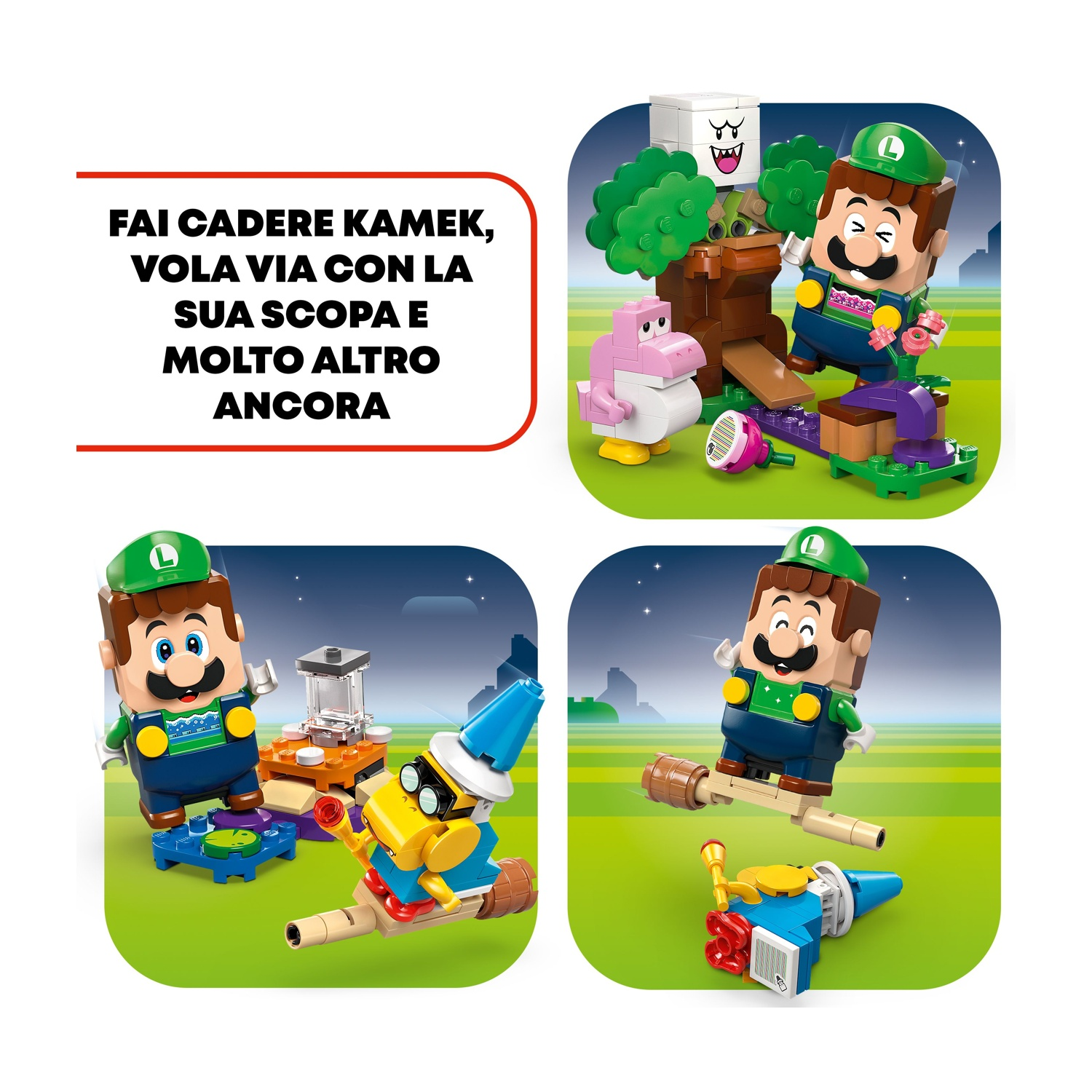 L'immagine mostra i personaggi Lego di Luigi in diverse scene con altri personaggi. Lo sfondo include stelle e vari ambienti.