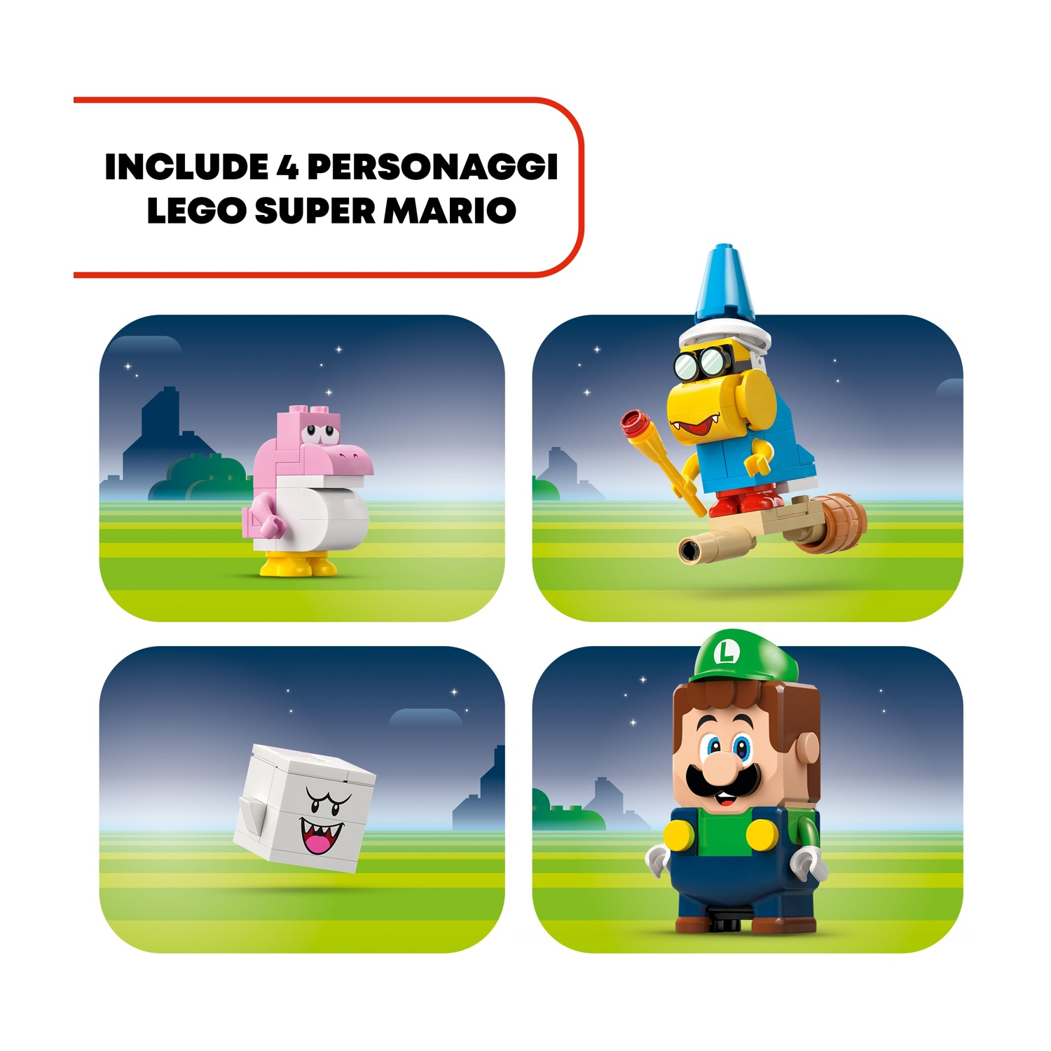Quattro personaggi Lego Super Mario: Yoshi, un Koopa Troopa giallo su una scopa, un Boo bianco e Luigi con cappello verde.