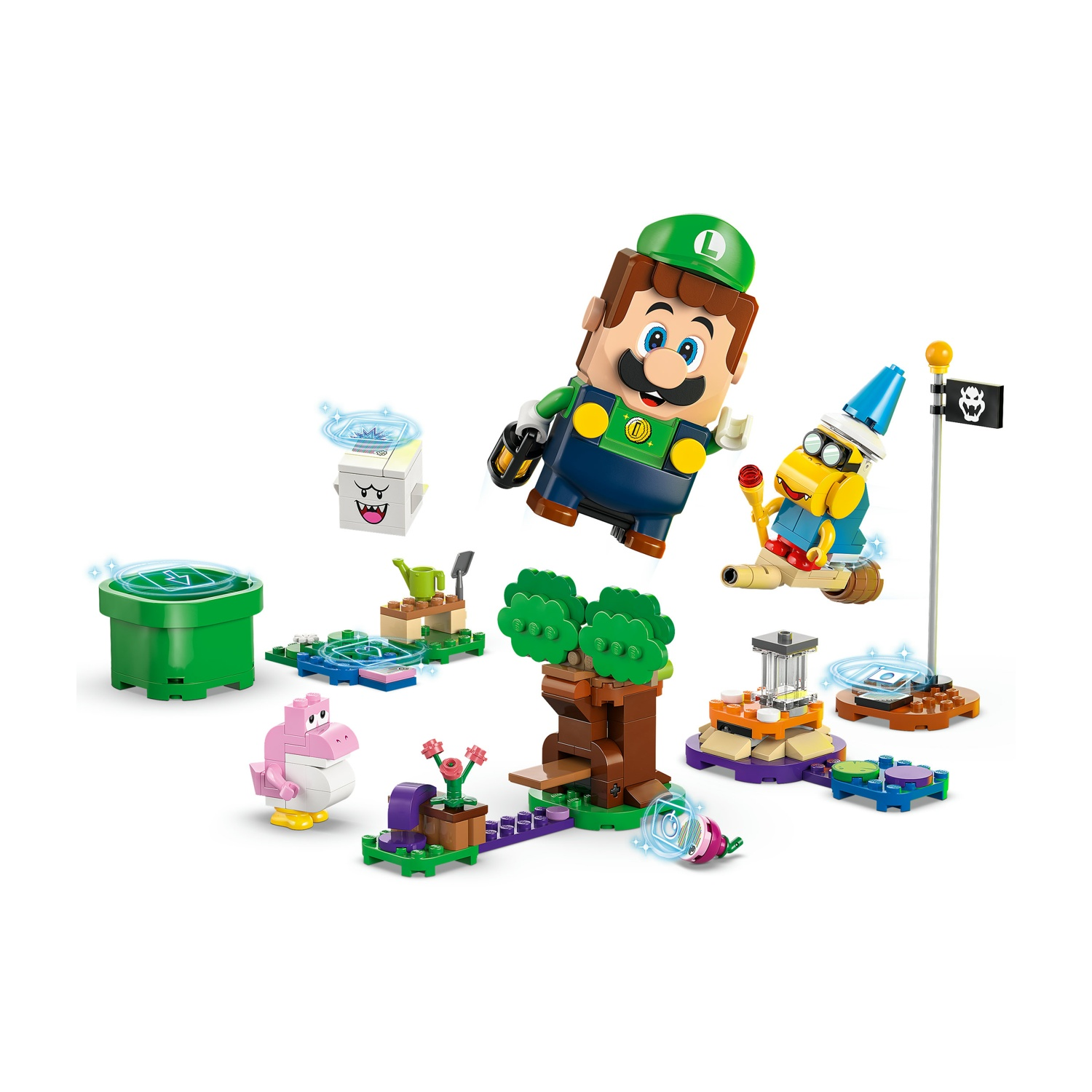 Set Lego con personaggi di Mario. Sono visibili Luigi, un personaggio giallo e un dinosauro rosa, insieme ad altri oggetti come un albero.