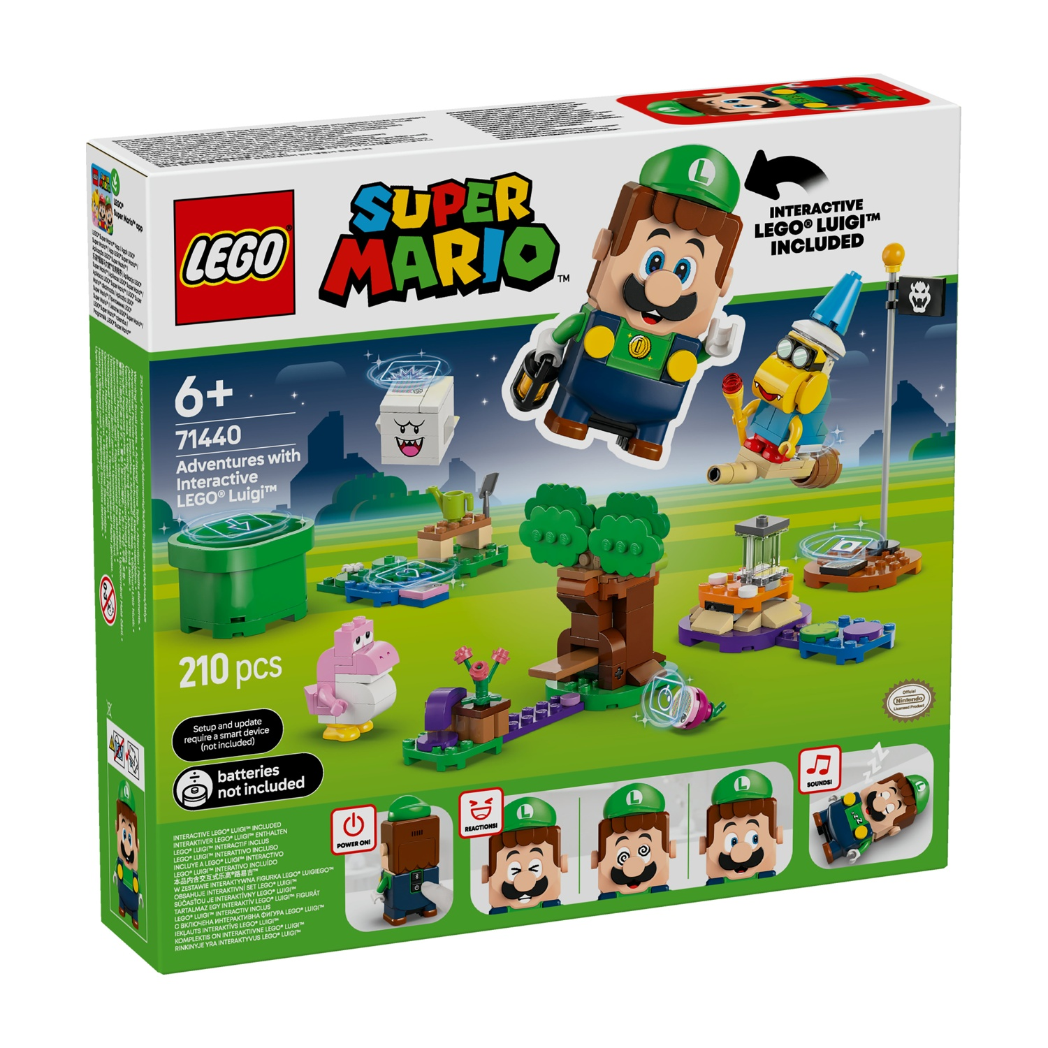 Scatola del set Lego Super Mario con la figura di Luigi, vari elementi di gioco e la scritta 'Interactive Lego Luigi included'.