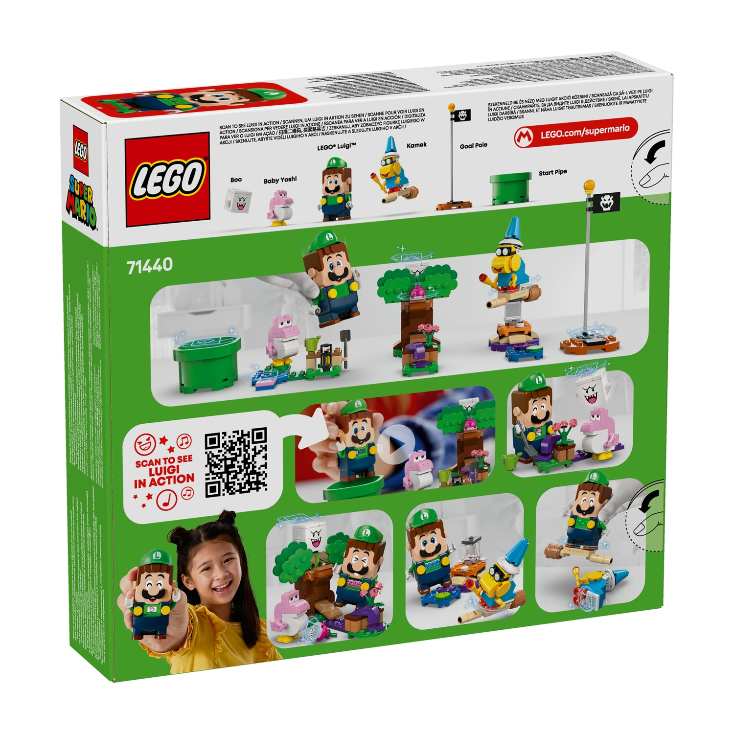 Il retro di una scatola Lego Super Mario mostra Lego Luigi, Boo, Baby Yoshi, Kamek, Goal Pole e Start Pipe.