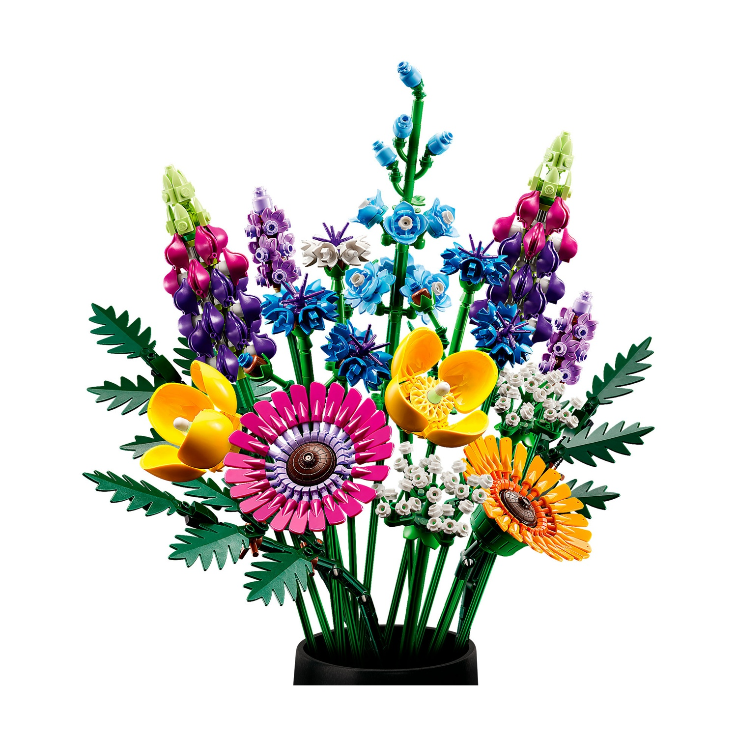 Un bouquet fatto di fiori Lego colorati. Include fiori rosa, gialli, blu, viola e bianchi, con steli e foglie verdi.