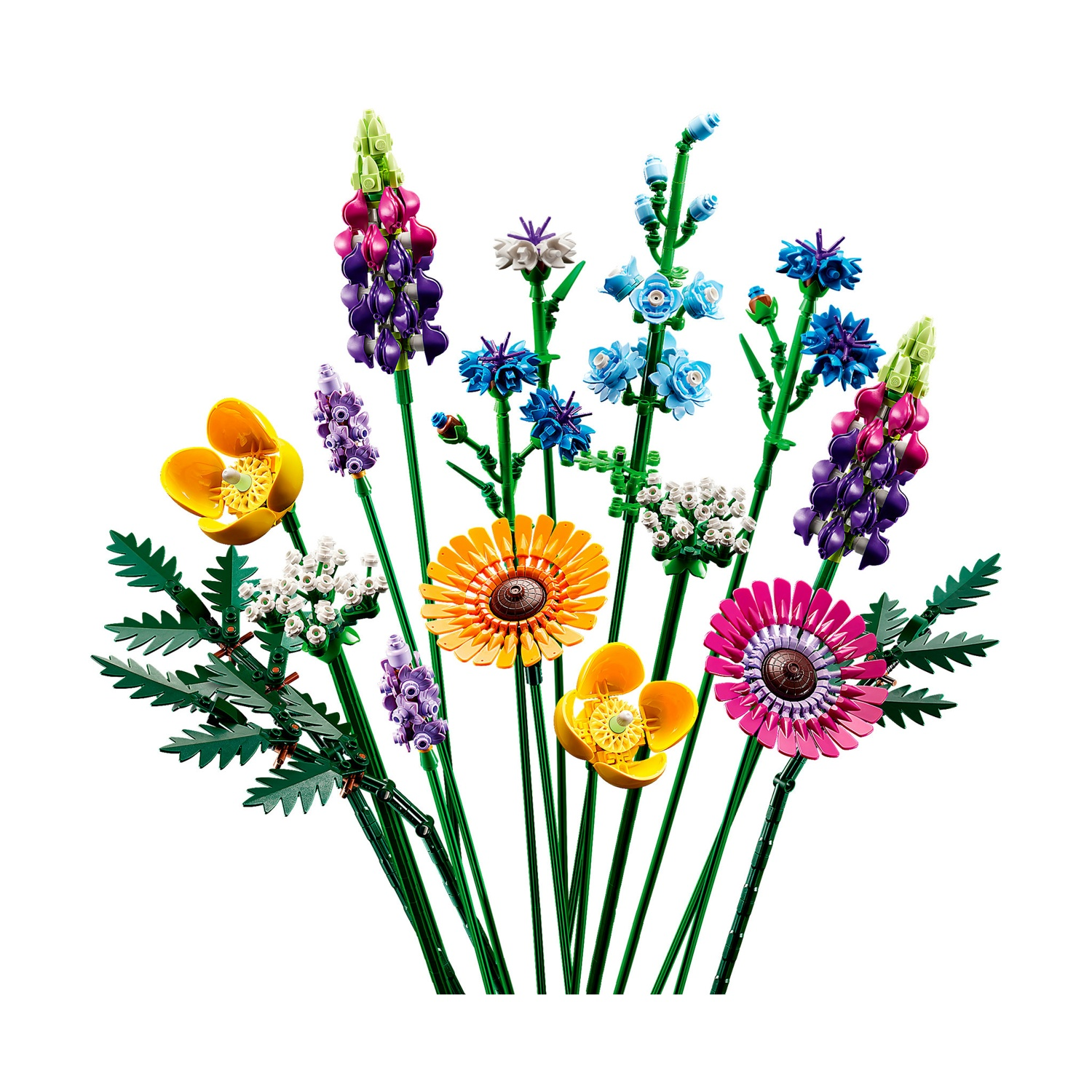 Un bouquet di fiori Lego colorati. Include fiori gialli, arancioni, rosa, blu e viola con steli e foglie verdi.