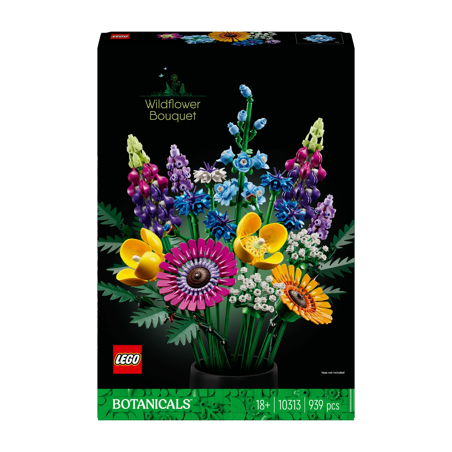Scatola Lego Wildflower Bouquet. Presenta vari fiori Lego colorati come giallo, viola e blu su sfondo nero.