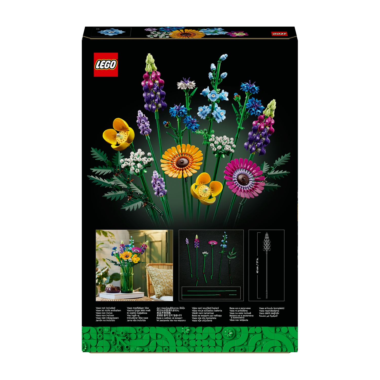 Scatola LEGO con set di fiori colorati. I fiori includono giallo, viola, arancione, blu e rosa. Lo sfondo è nero.
