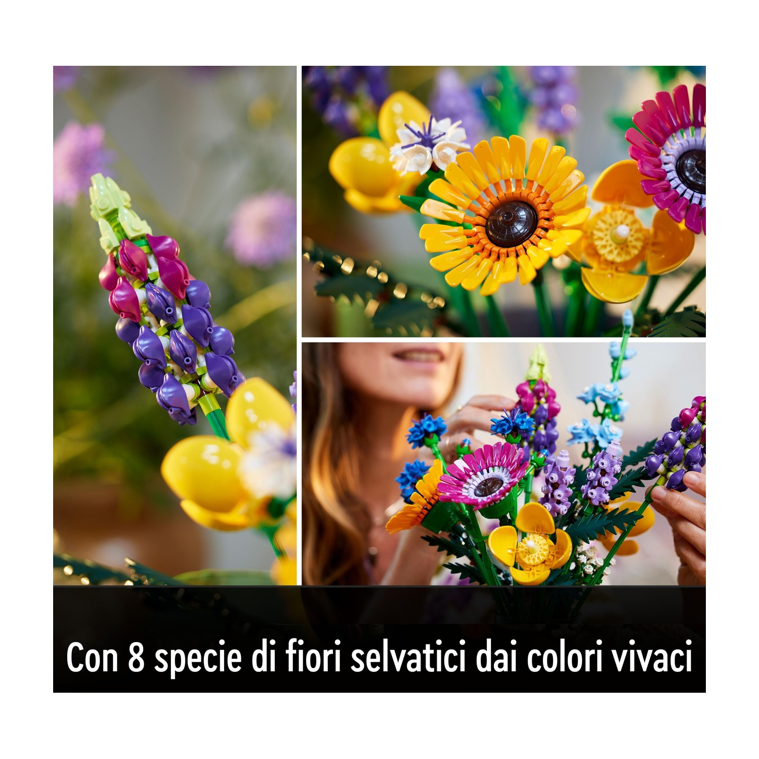 L'immagine mostra fiori Lego dai colori vivaci. Include primi piani di fiori gialli, rosa e viola. Il testo in basso dice: Con 8 specie di fiori selvatici
