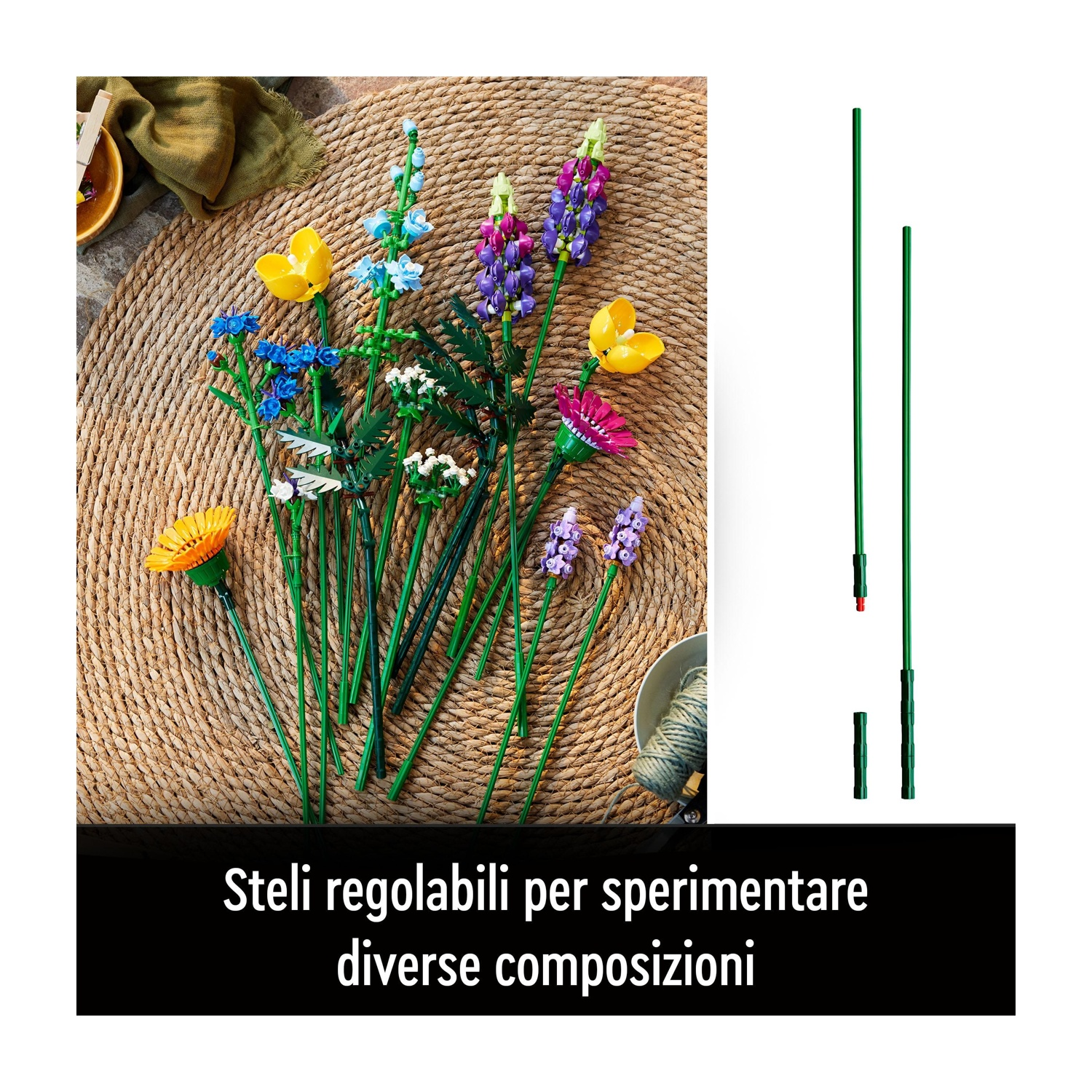 Fiori Lego colorati su un tappeto intrecciato con steli verdi e pali verdi regolabili. Testo: 'Steli regolabili per sperimentare le composizioni'.