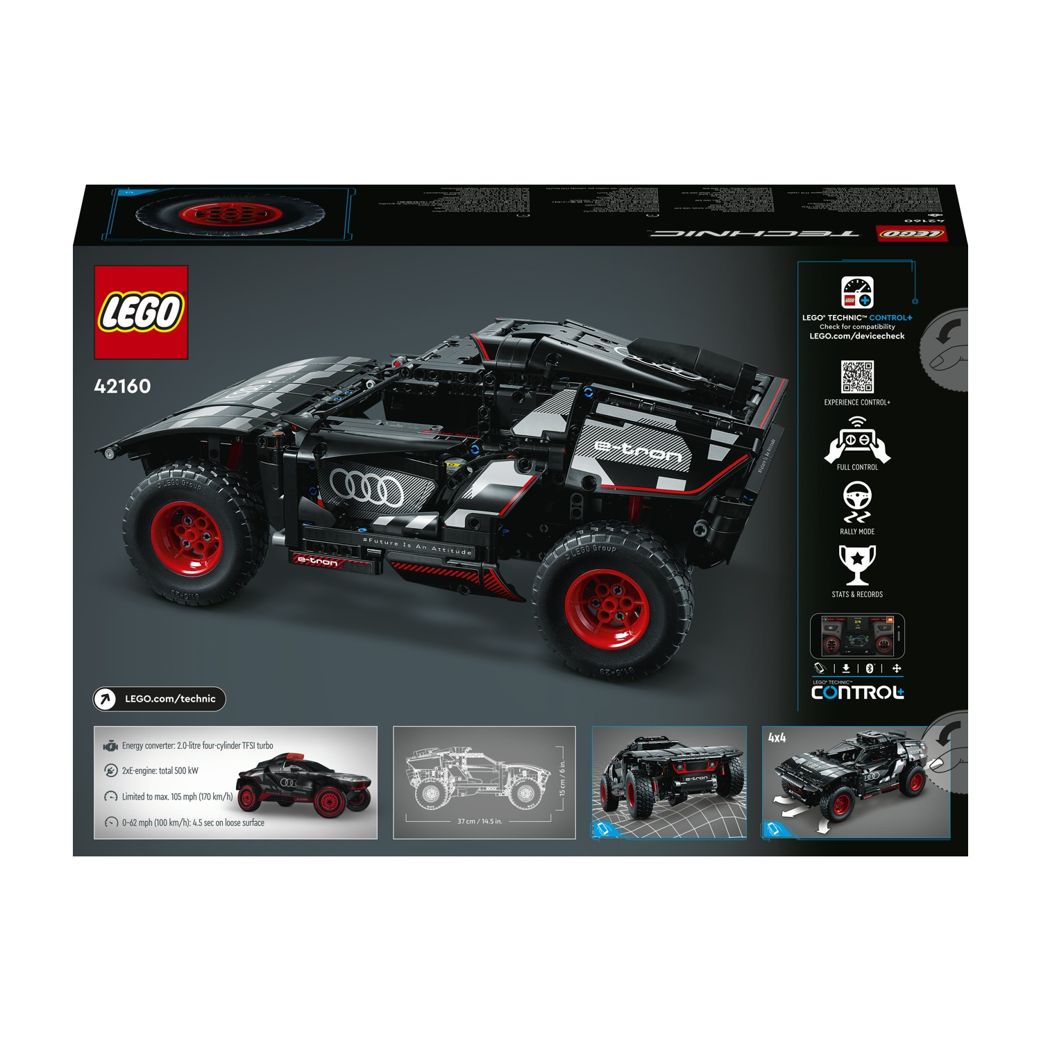 Scatola del modello Lego Technic Audi e-tron. Auto nera con ruote rosse, dettagli. Testo e icone sulla scatola.