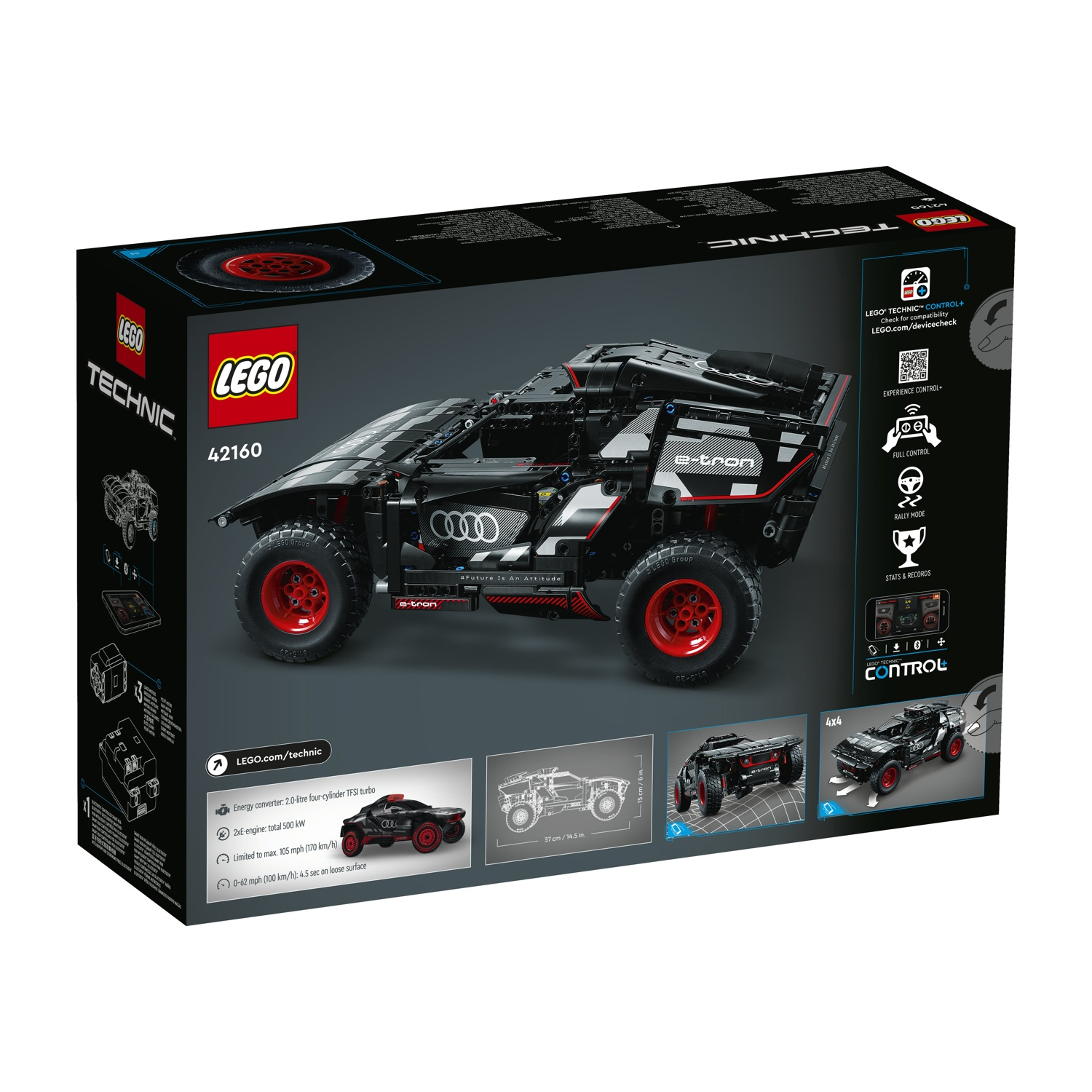 Scatola Lego Technic. Modello Audi e-tron nero con ruote rosse. Include dettagli su motore e funzioni di controllo.