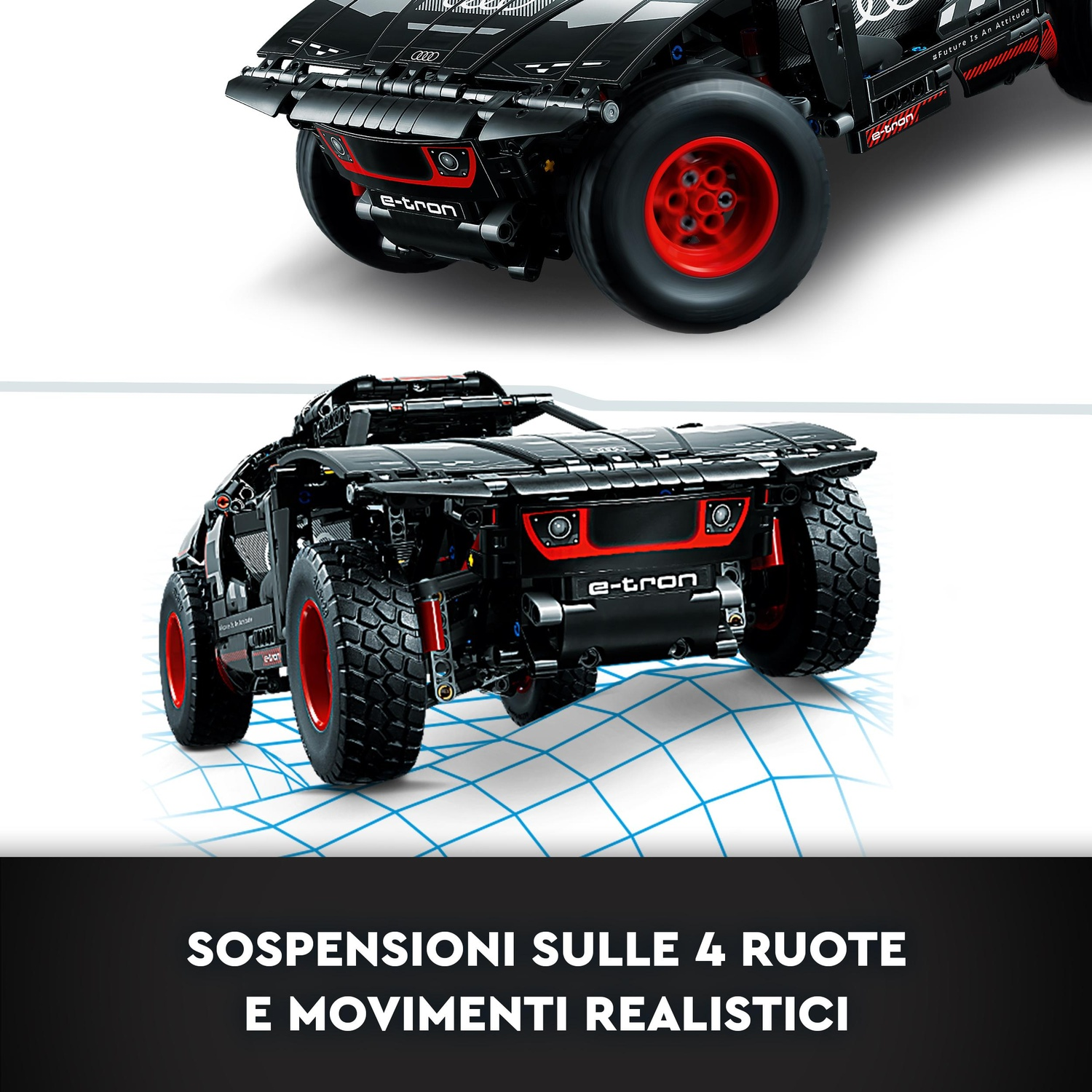 Un modello di auto Lego Audi e-tron nero con dettagli rossi sulle ruote. L'auto ha pneumatici grandi e il testo 'e-tron' è visibile.