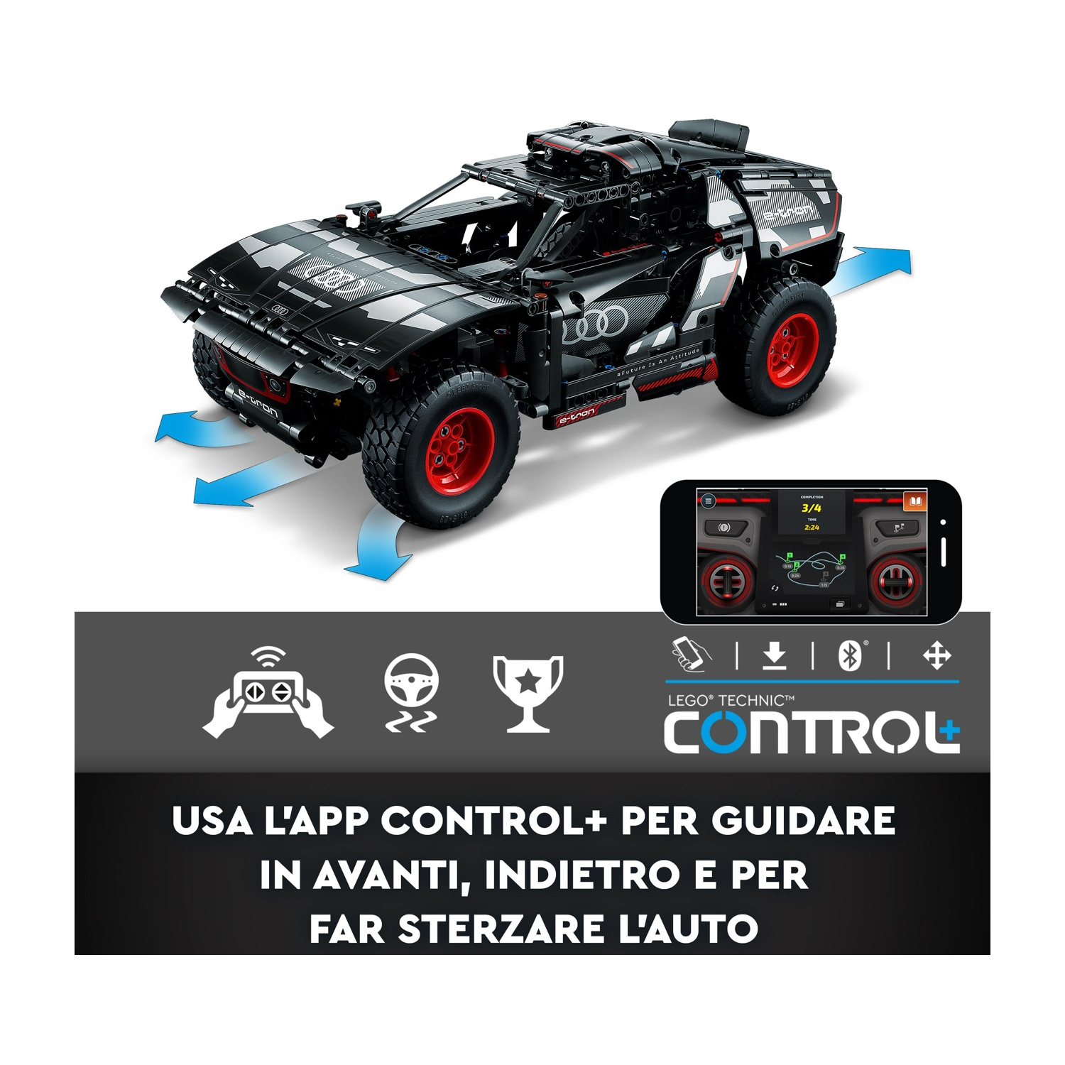 Un modello di auto Lego Technic nero con ruote rosse, uno smartphone che mostra i comandi e testo in italiano sul controllo tramite app.