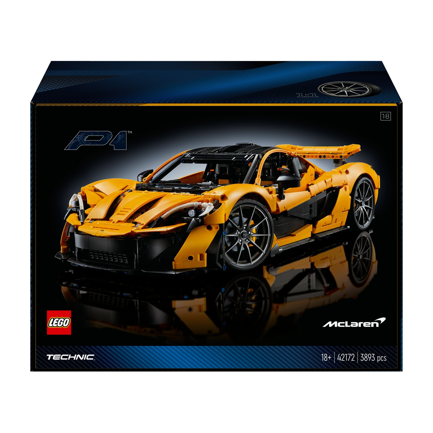 Una scatola Lego Technic presenta un'auto modello McLaren P1 arancione. La scatola include i loghi Lego e McLaren, scala 1:8.
