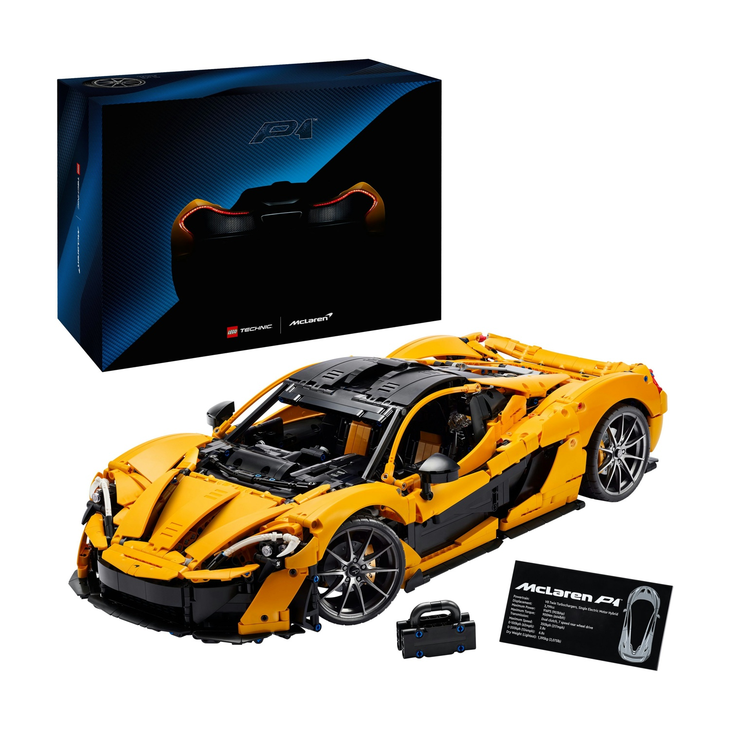 Un modello Lego Technic McLaren P1. È giallo e nero con una scatola con la silhouette dell'auto. Include una scheda tecnica.