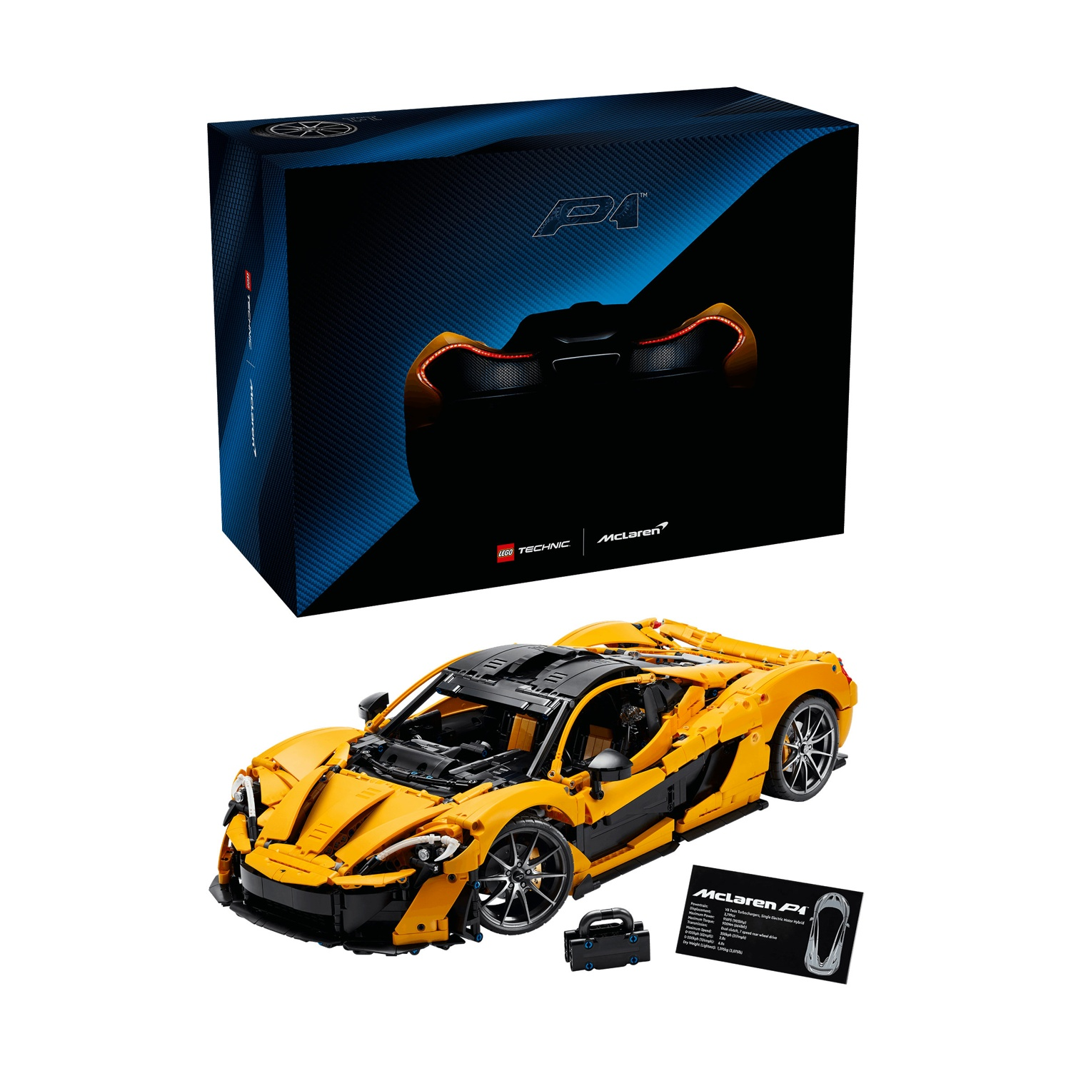 Un set Lego Technic McLaren P1. La scatola è sopra l'auto. L'auto è gialla e nera. Una carta e una scatola nera sono accanto all'auto.