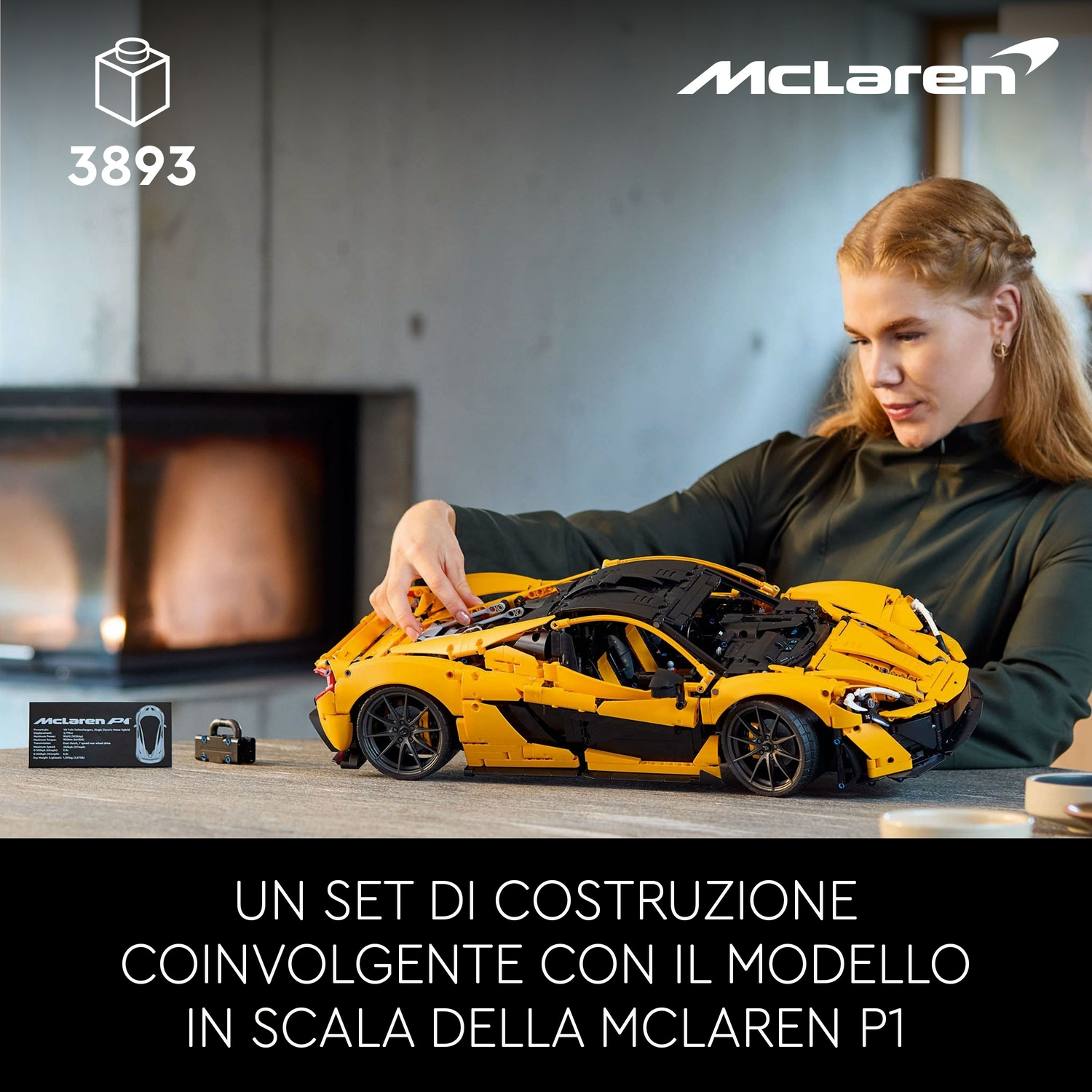 Una donna costruisce un set LEGO McLaren P1 giallo. L'immagine include la scatola del set, il modellino dell'auto e accessori, con testo.