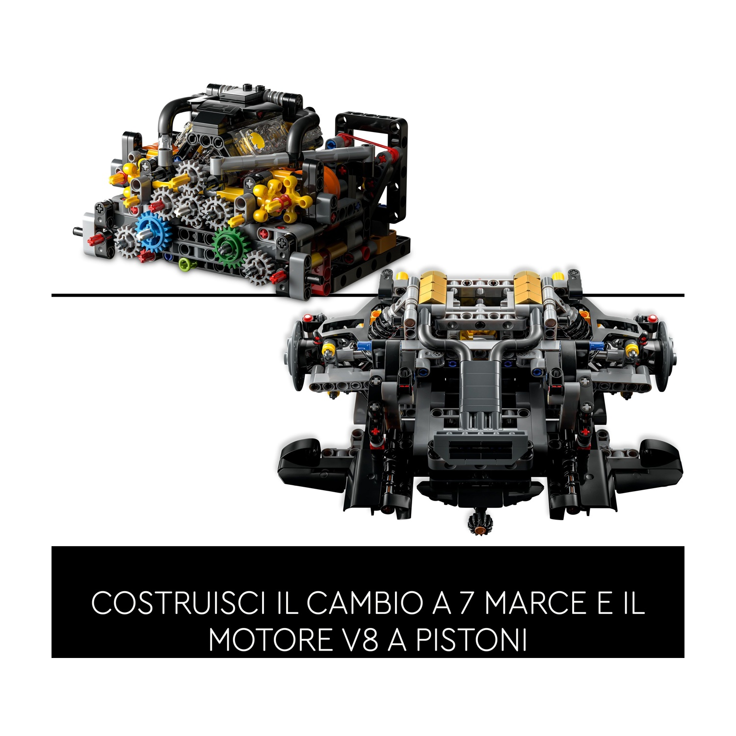 L'immagine mostra due modelli di motore Lego. Il testo in basso recita: 'Costruisci il cambio a 7 marce e il motore a pistoni V8'.