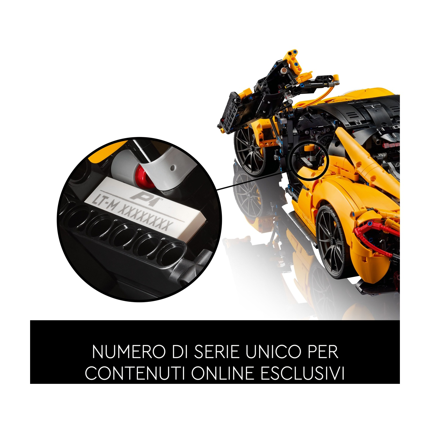 Primo piano di un'auto Lego gialla e nera, con targa con numero di serie e testo 'NUMERO DI SERIE UNICO'.