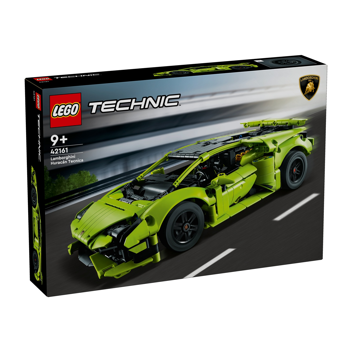 Una scatola Lego Technic mostra un modello Lamborghini Huracán Tecnica verde lime. La scatola presenta i loghi Lego e Lamborghini.