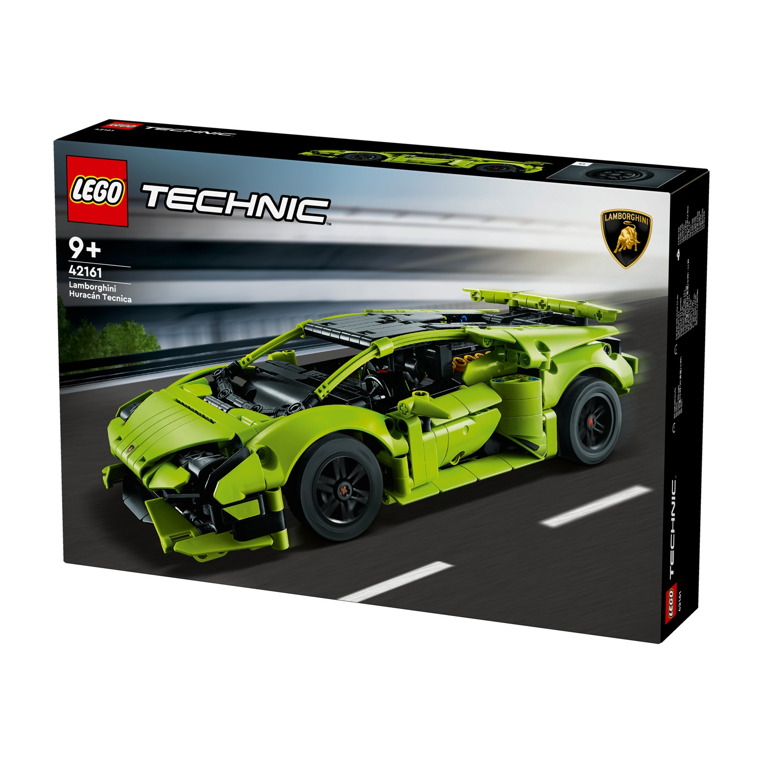 Una scatola Lego Technic mostra un modello di auto Lamborghini Huracán Tecnica verde lime, su sfondo stradale.