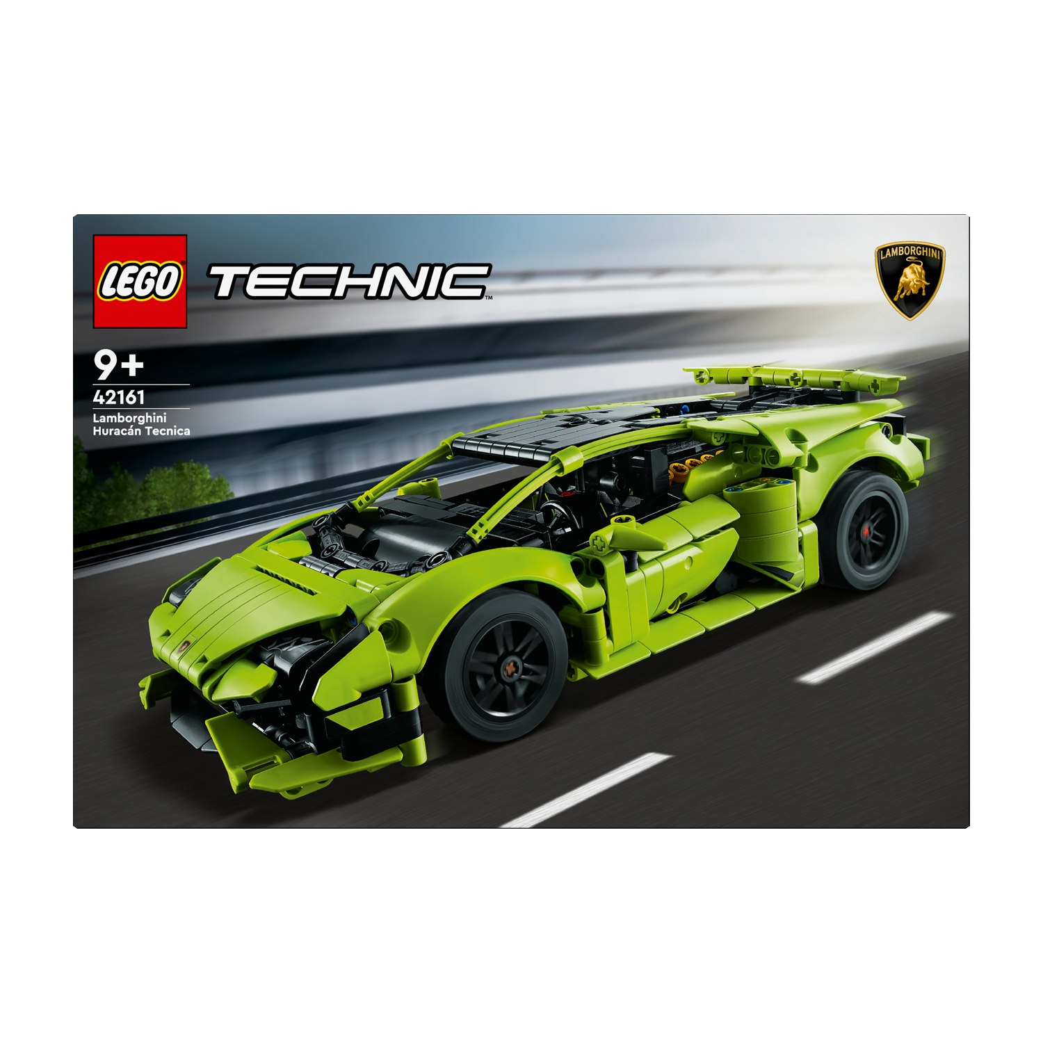 Un set Lego Technic di un modello di auto Lamborghini Huracán Tecnica verde. L'auto è su una strada, con il logo Lego e la fascia d'età visibili.