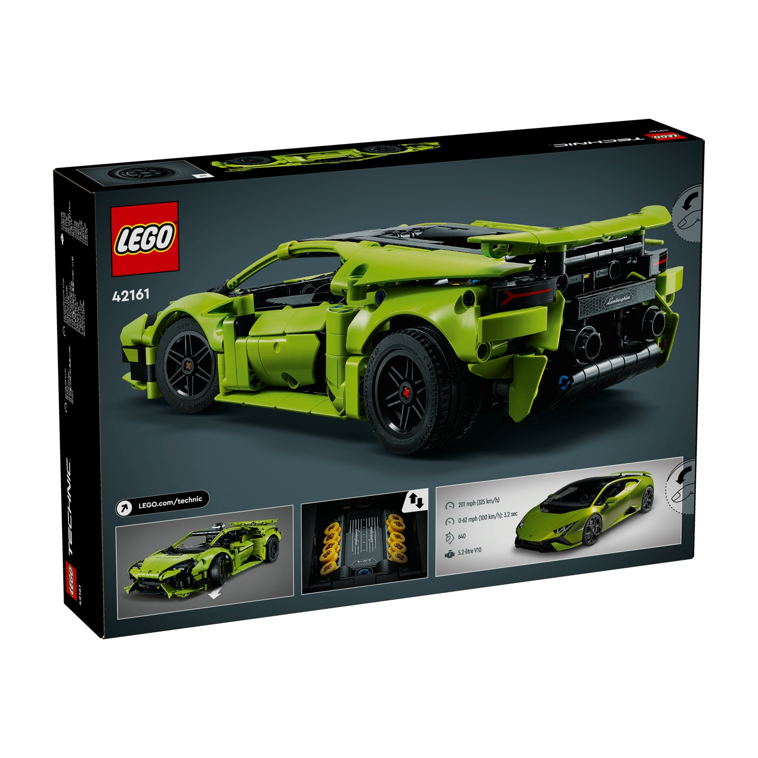 Una scatola Lego Technic mostra un modello Lamborghini verde lime. Presenta ruote nere, uno spoiler e i loghi Lego e Lamborghini.