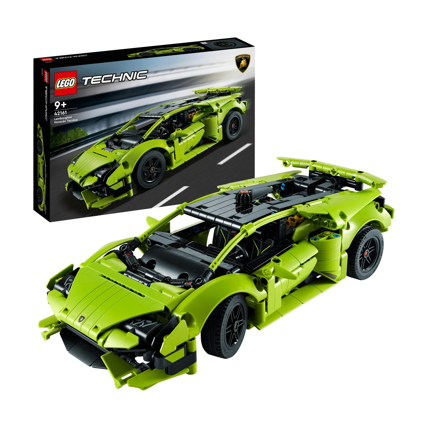 Un kit modello Lego Technic Lamborghini verde lime con ruote e dettagli neri e la sua scatola.