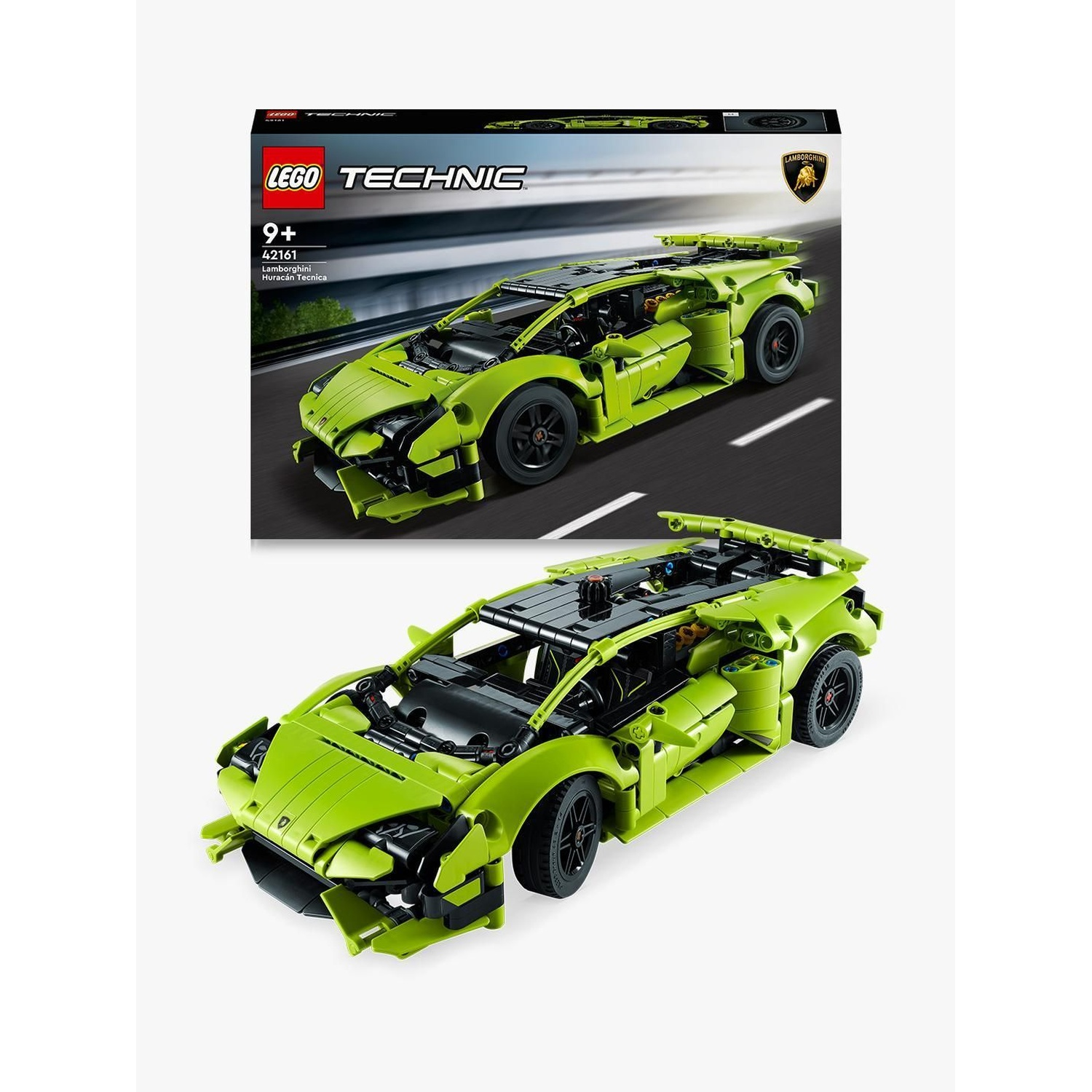 Un modello Lego Technic verde lime Lamborghini Huracán Tecnica. La scatola è mostrata in alto. Il modello ha ruote nere.