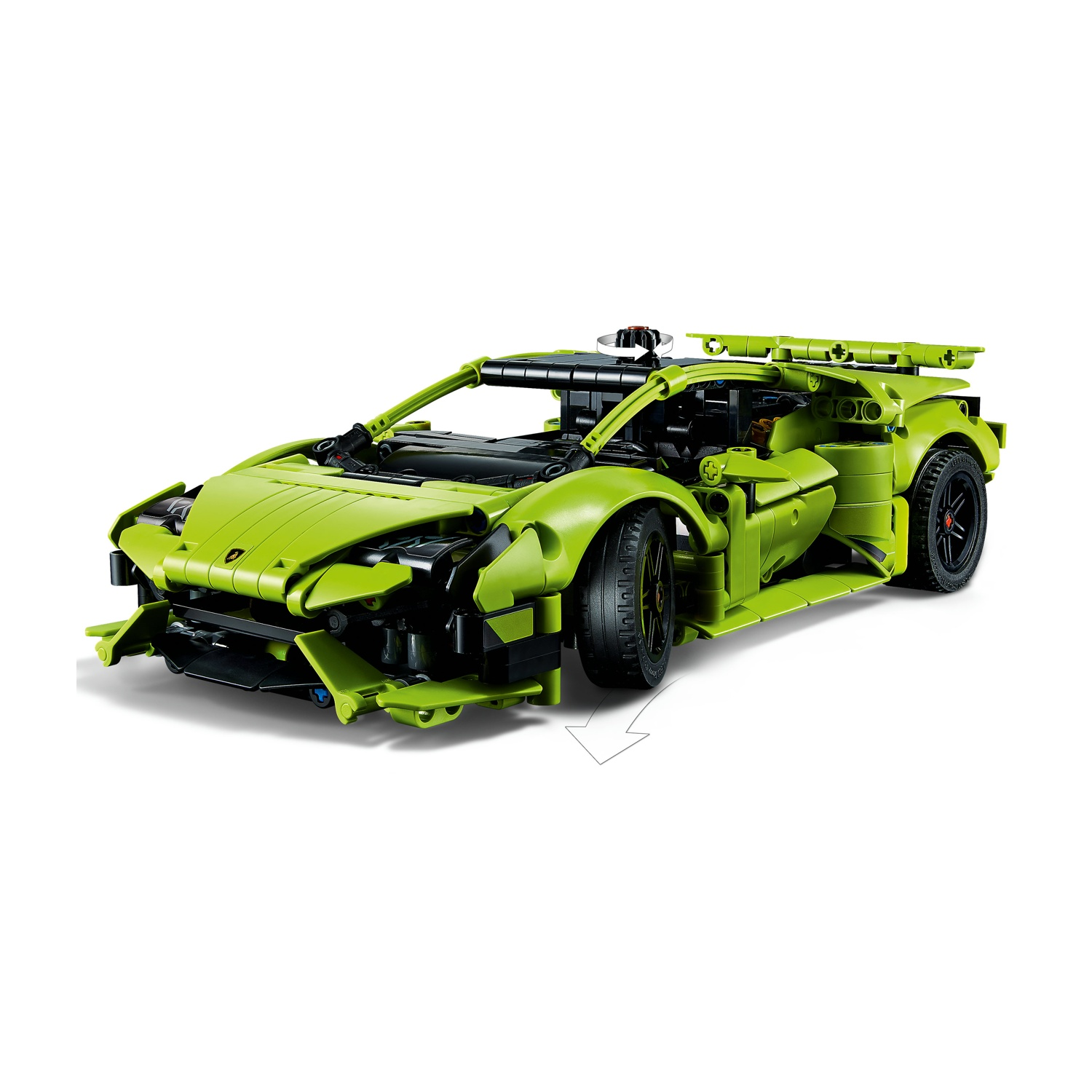Un modello verde di Lamborghini, costruito con mattoncini Lego, su sfondo bianco.