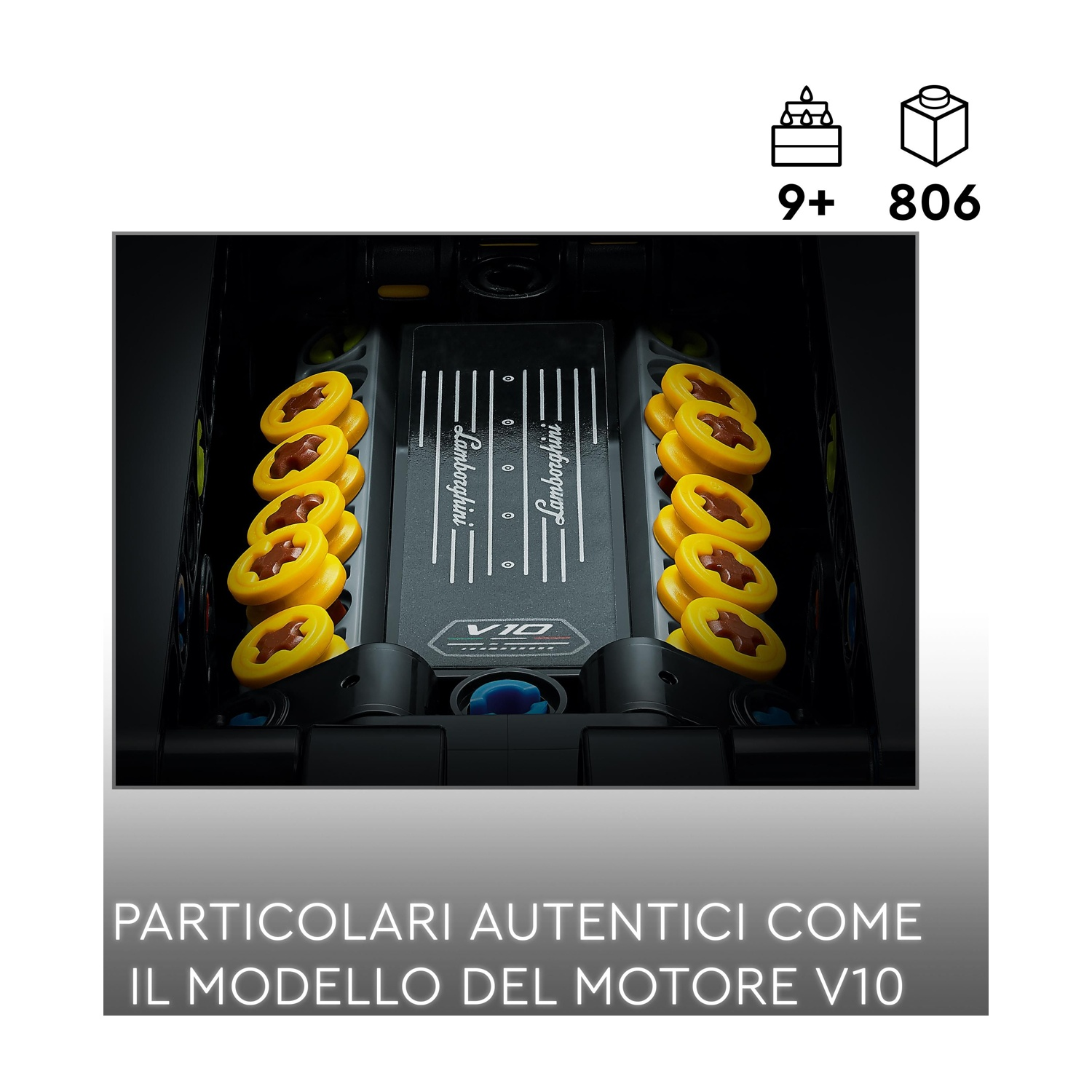 L'immagine mostra un modello di motore nero con dettagli gialli e marroni. Il logo Lamborghini è visibile. Il testo recita 'PARTICOLARI...V10'.