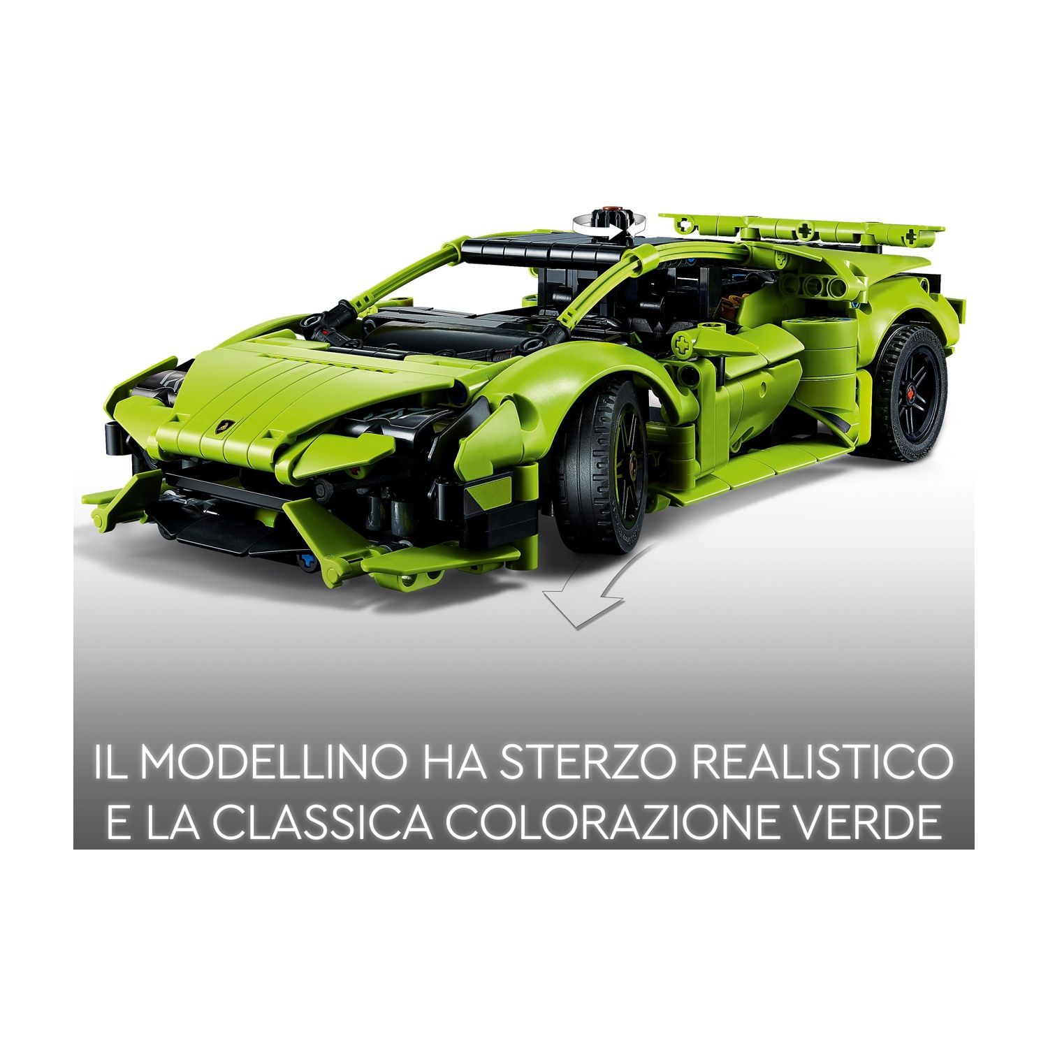 Modello di Lamborghini verde lime. Ha ruote nere e uno spoiler. Il testo dice: 'Sterzo realistico e verde classico'.