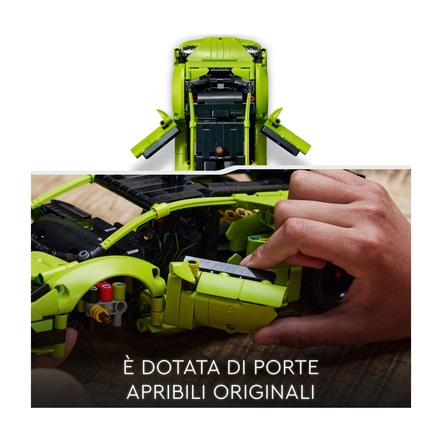 Un modello di auto Lego verde lime con portiere apribili. Una mano apre una delle portiere. Il testo in basso dice 'È DOTATA DI PORTE APRIBILI ORIGINALI'.