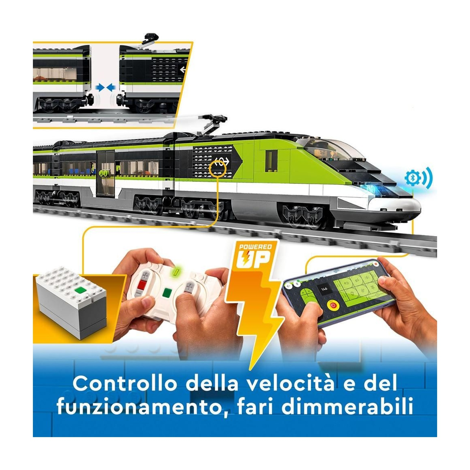 Un trenino verde e nero sui binari. Le mani tengono telecomandi e un telefono. Testo: controllo velocità e luci dimmerabili.