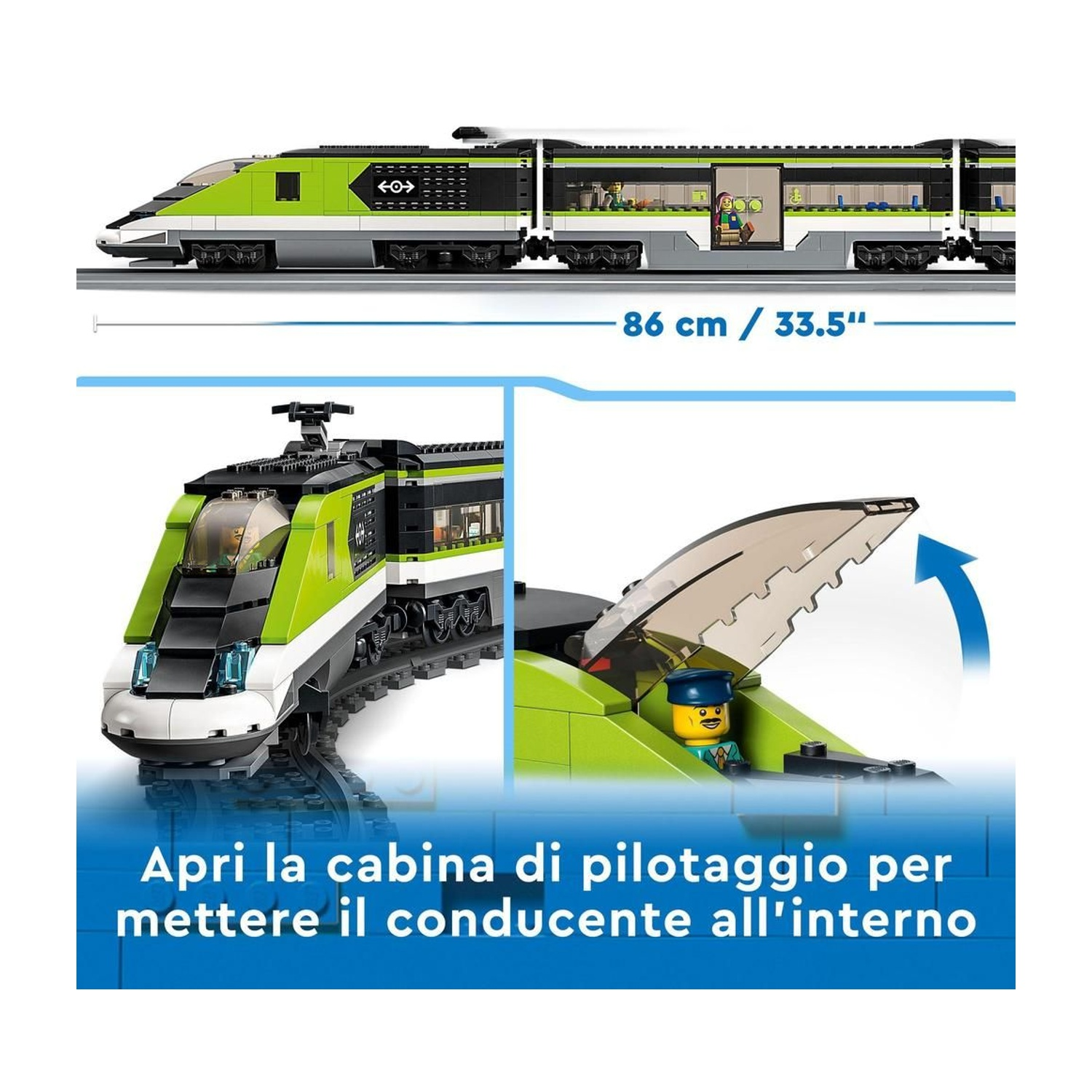 Un trenino giocattolo verde e bianco. L'immagine mostra il treno, le sue parti e un pilota nella cabina di pilotaggio.
