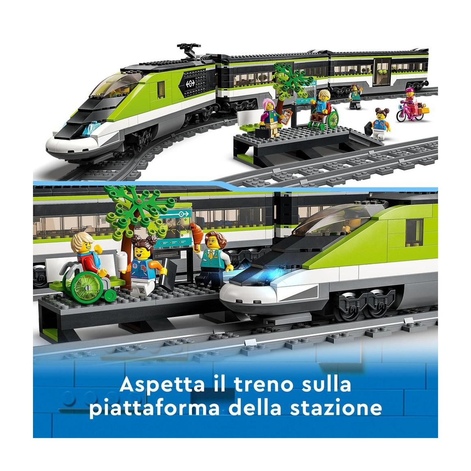 Un set di treni Lego con un treno verde e bianco, figure su una piattaforma e una persona su uno scooter rosa.