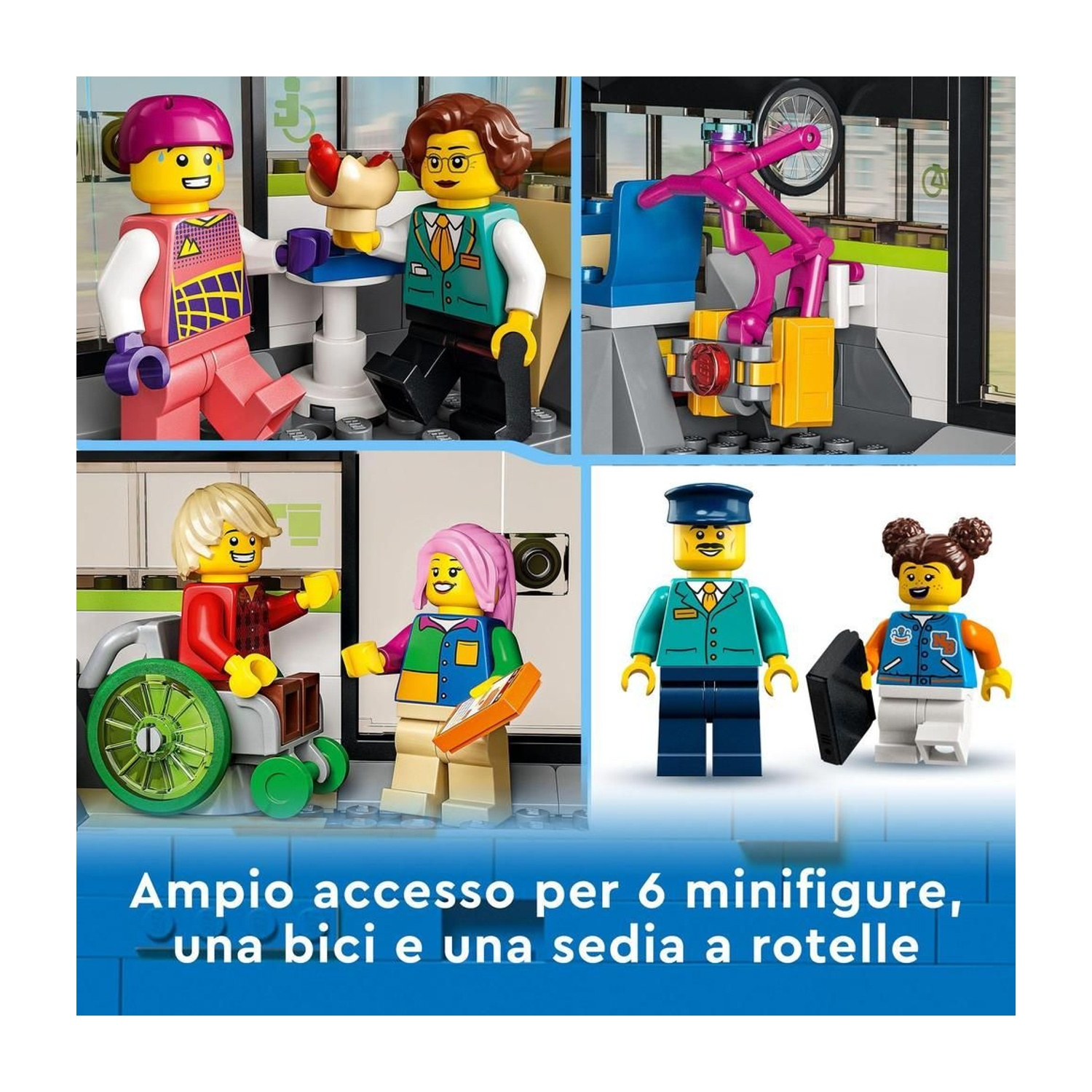 Set Lego con minifigure, una bicicletta e una sedia a rotelle. Il set è progettato per sei minifigure.