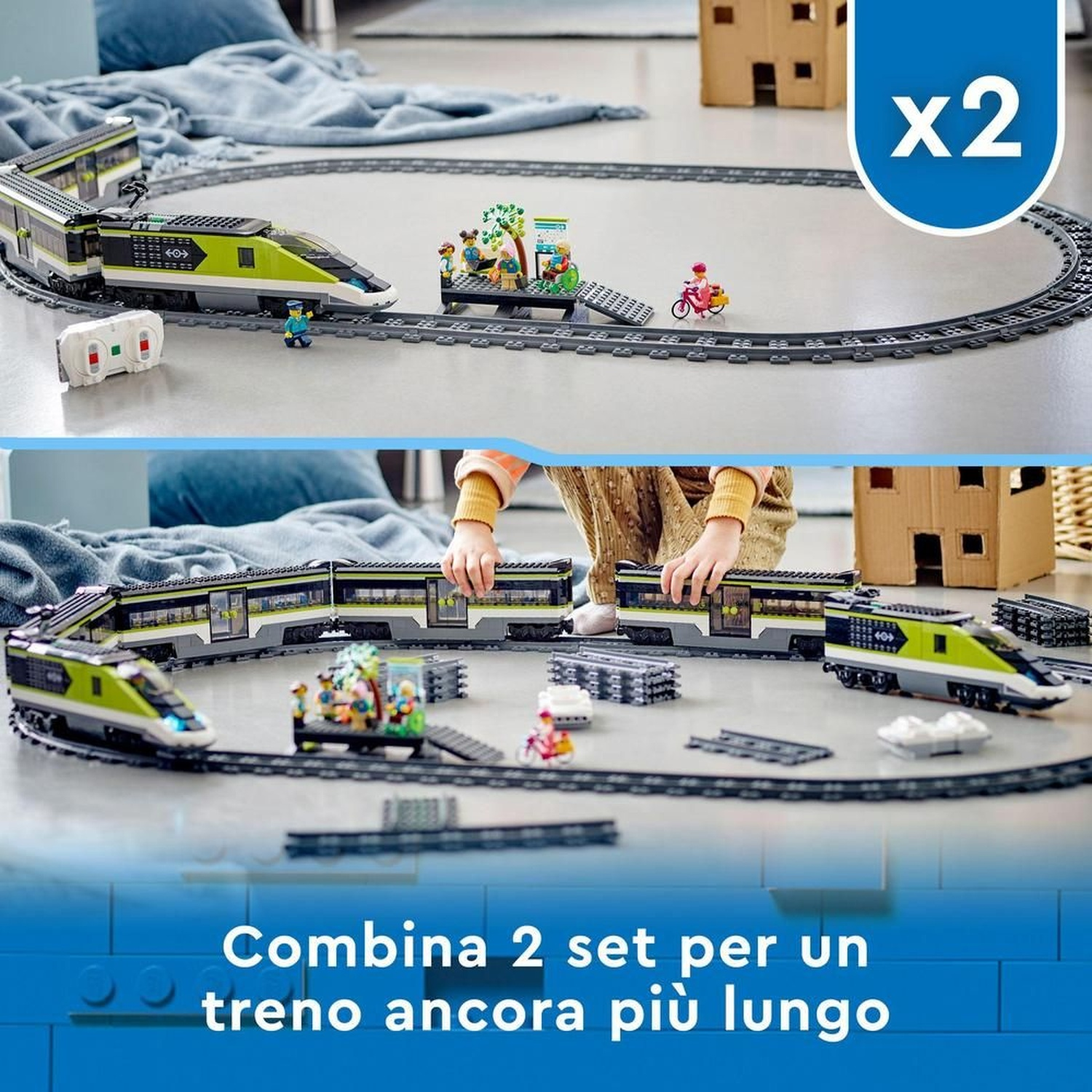 Un set di trenini giocattolo con treni verdi e grigi, binari e figure in miniatura. La scena include un bambino che gioca con il set.