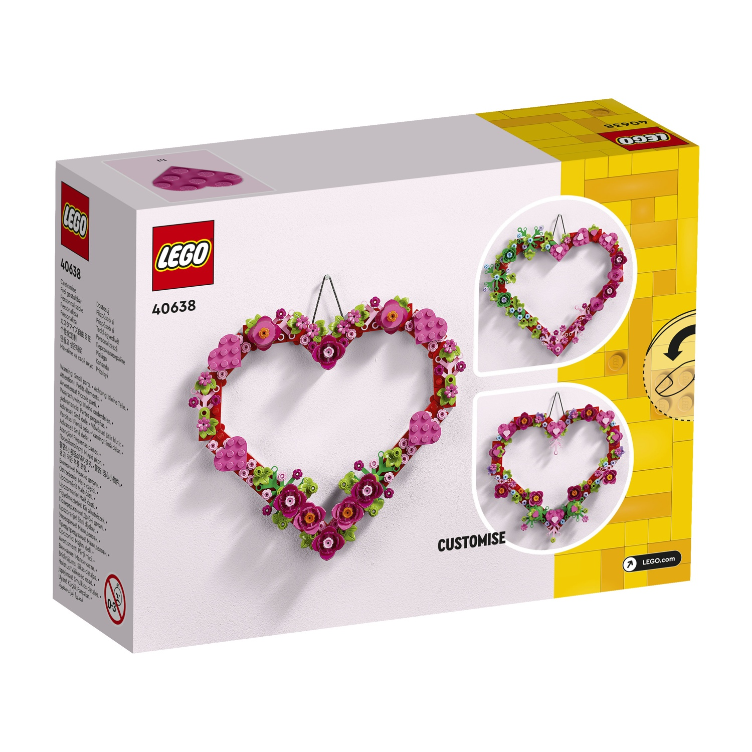Una scatola Lego mostra ghirlande a forma di cuore fatte di fiori. La scatola è bianca e gialla.
