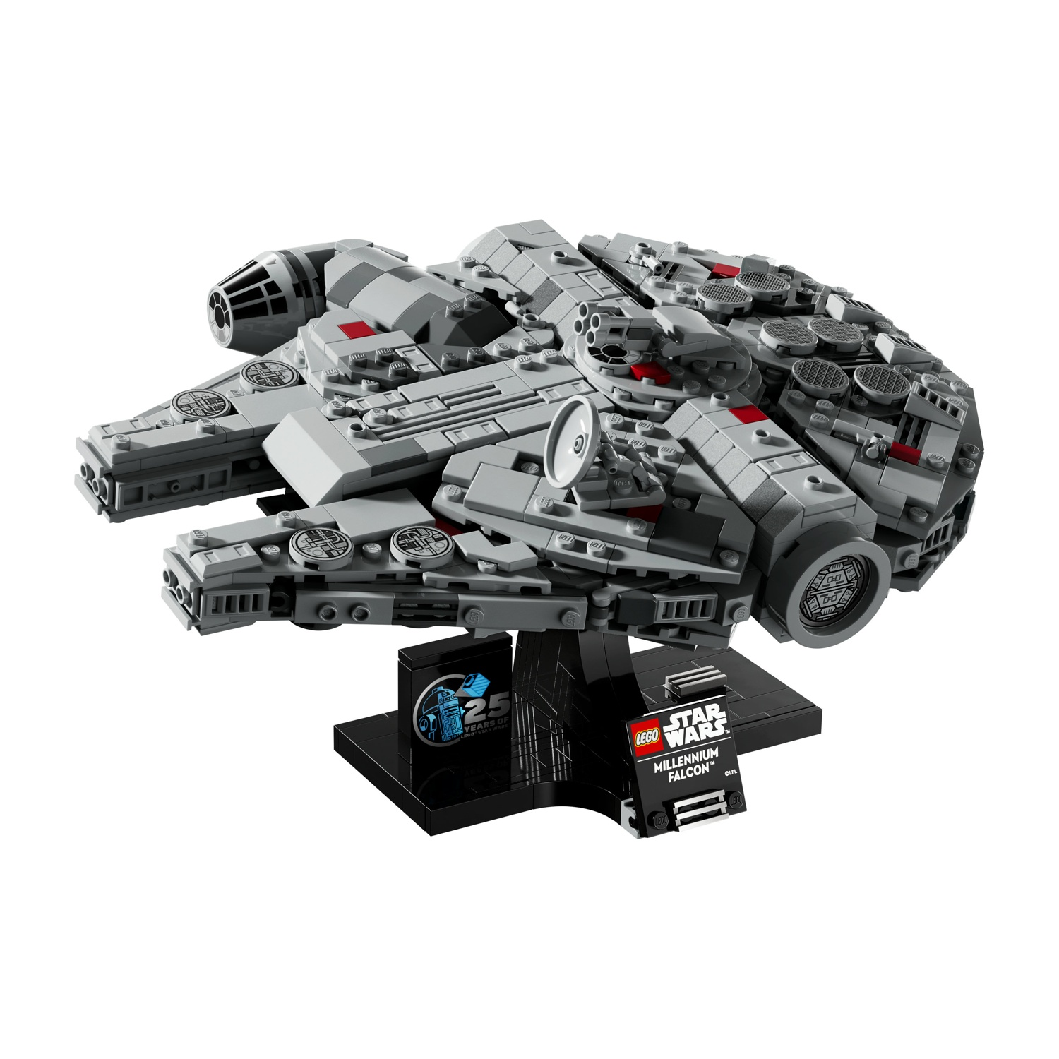 Un modello Lego del Millennium Falcon. Astronave grigia con base nera, dettagli rossi. Loghi Star Wars e 25 anni visibili.
