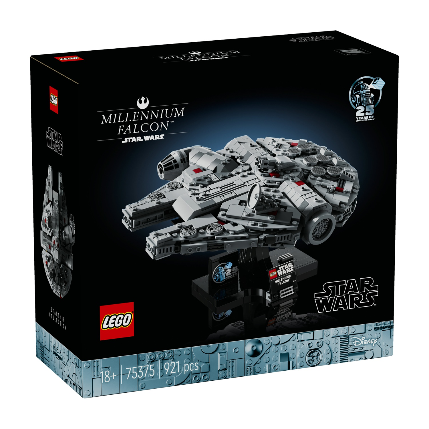 Un set Lego del Millennium Falcon. Nave grigia con dettagli rossi, su un supporto nero. Loghi Star Wars e Lego visibili.