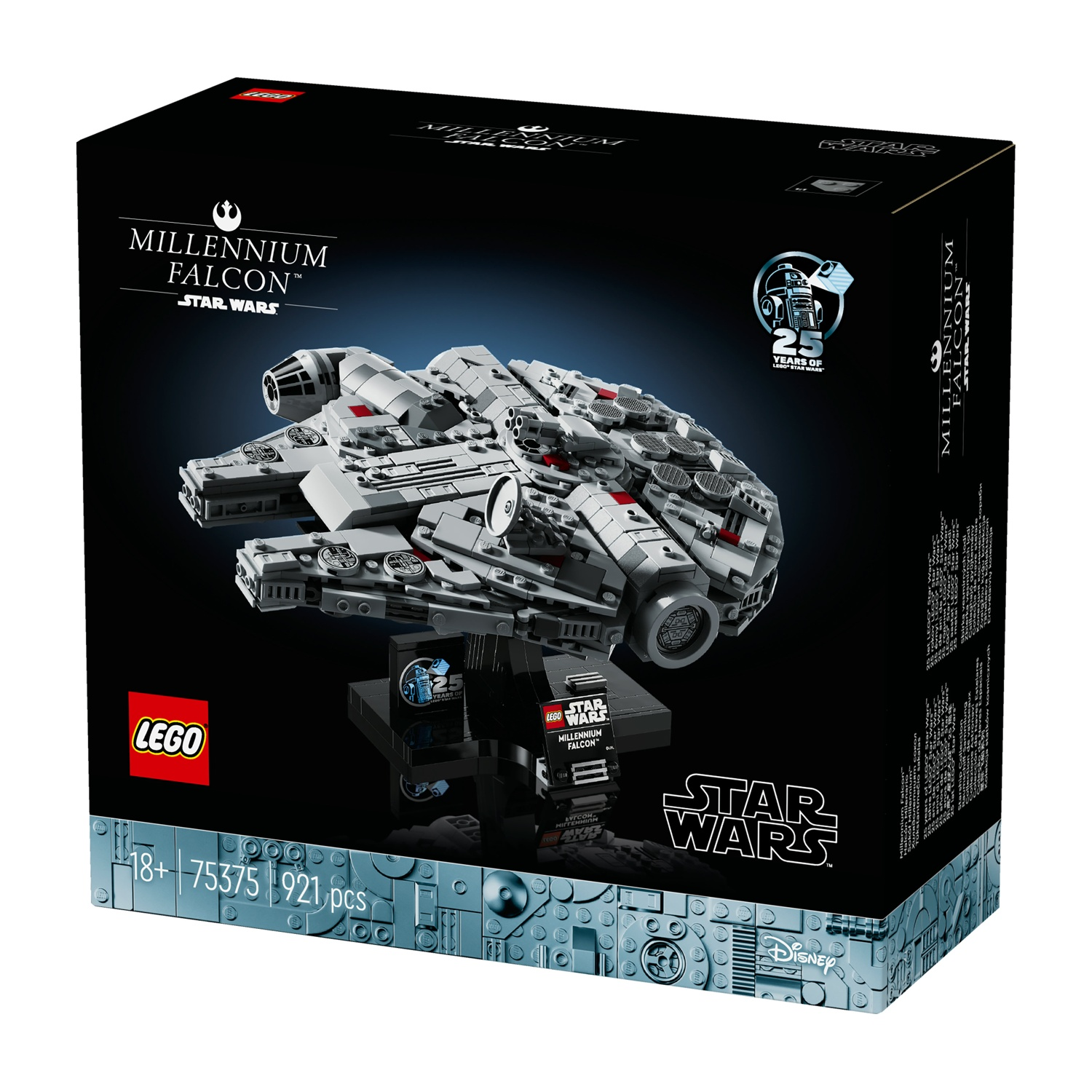 Una scatola Lego mostra il Millennium Falcon, un modello di astronave grigia. La scatola è nera con i loghi Lego e Star Wars.