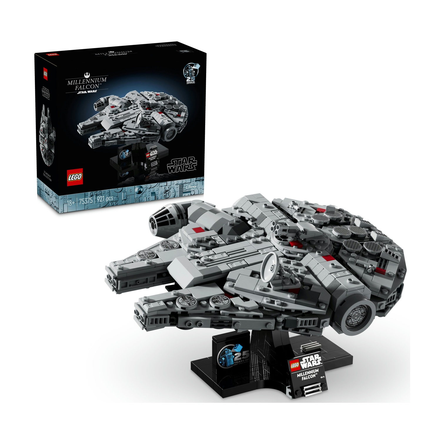 Un set Lego Millennium Falcon. Il modello è grigio e si trova su un supporto nero. Una scatola del set è sullo sfondo.