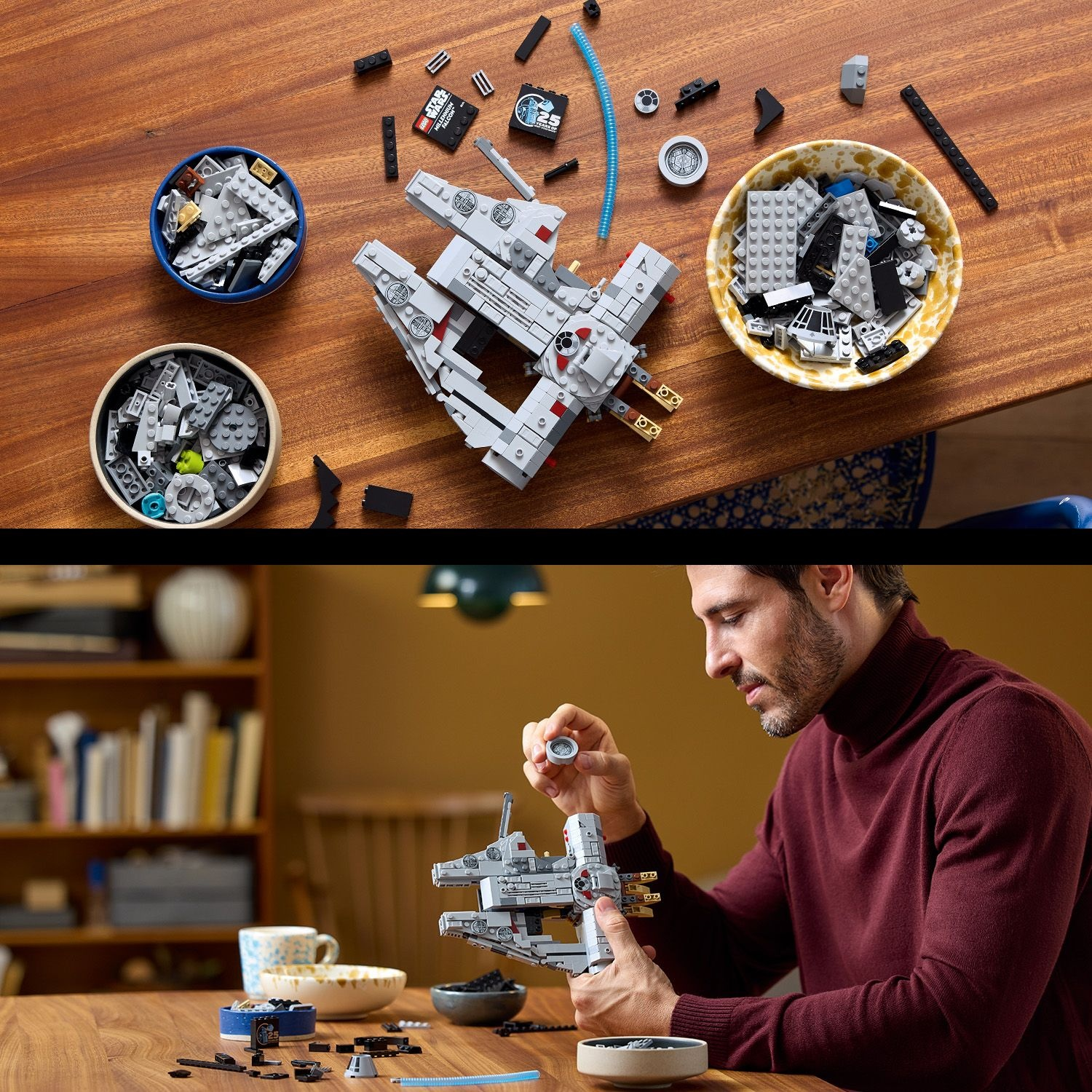 Un uomo costruisce una nave Lego di Star Wars. I pezzi sono sparsi su un tavolo di legno. Ci sono ciotole con pezzi Lego nelle vicinanze.
