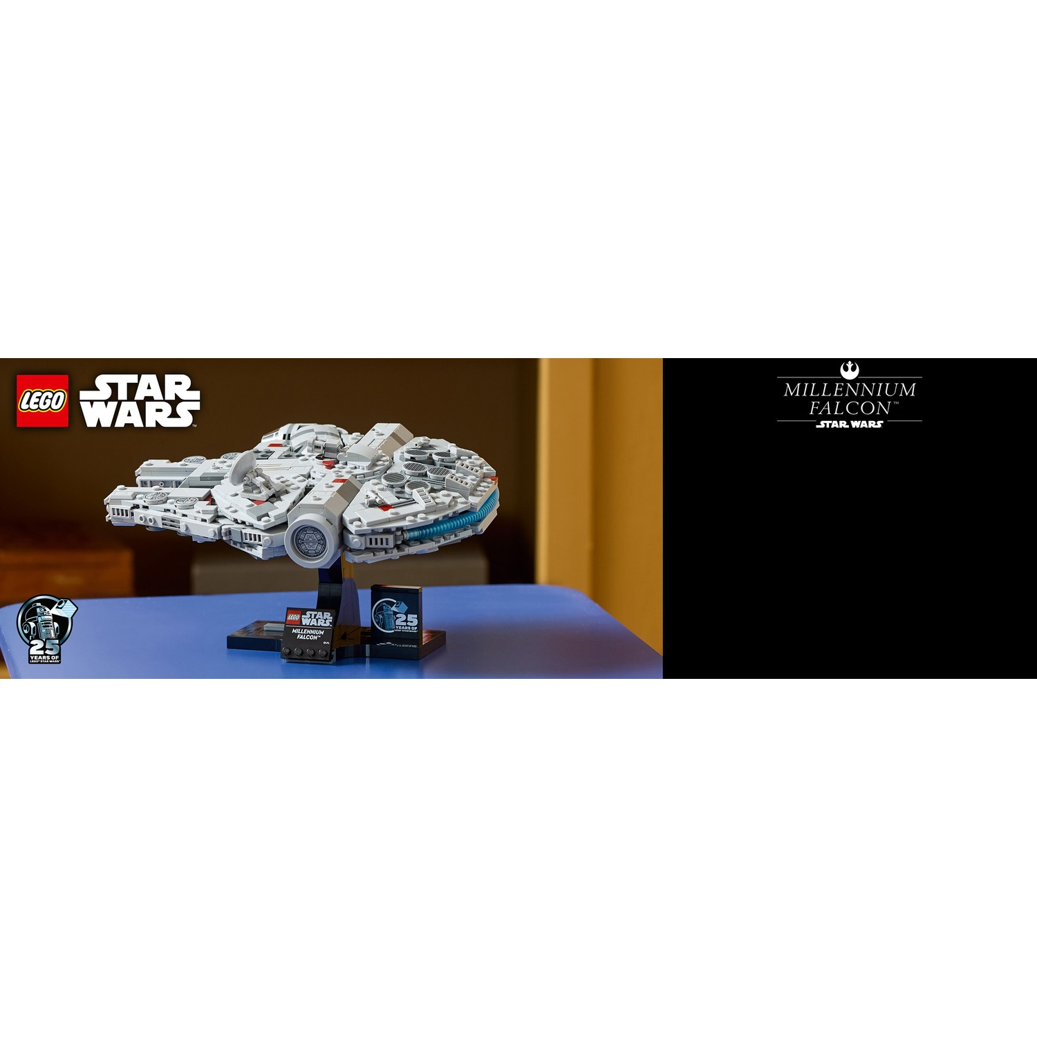 Un modello Lego Star Wars Millennium Falcon. È su un tavolo blu con i loghi Lego e Star Wars. Sfondo nero a destra.
