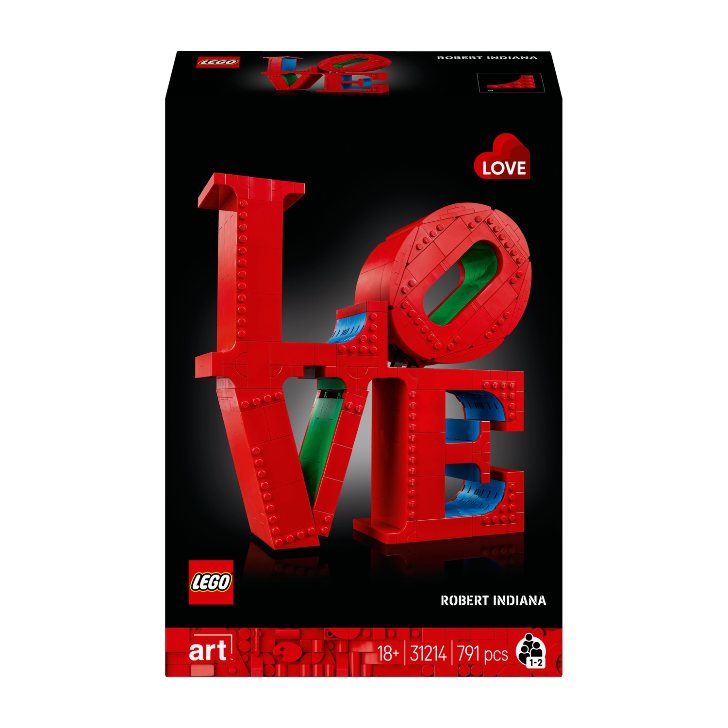 La scatola presenta una scultura LEGO 'LOVE' rossa. La parola LOVE è rossa con accenti verdi e blu. I loghi LEGO e art sono visibili.