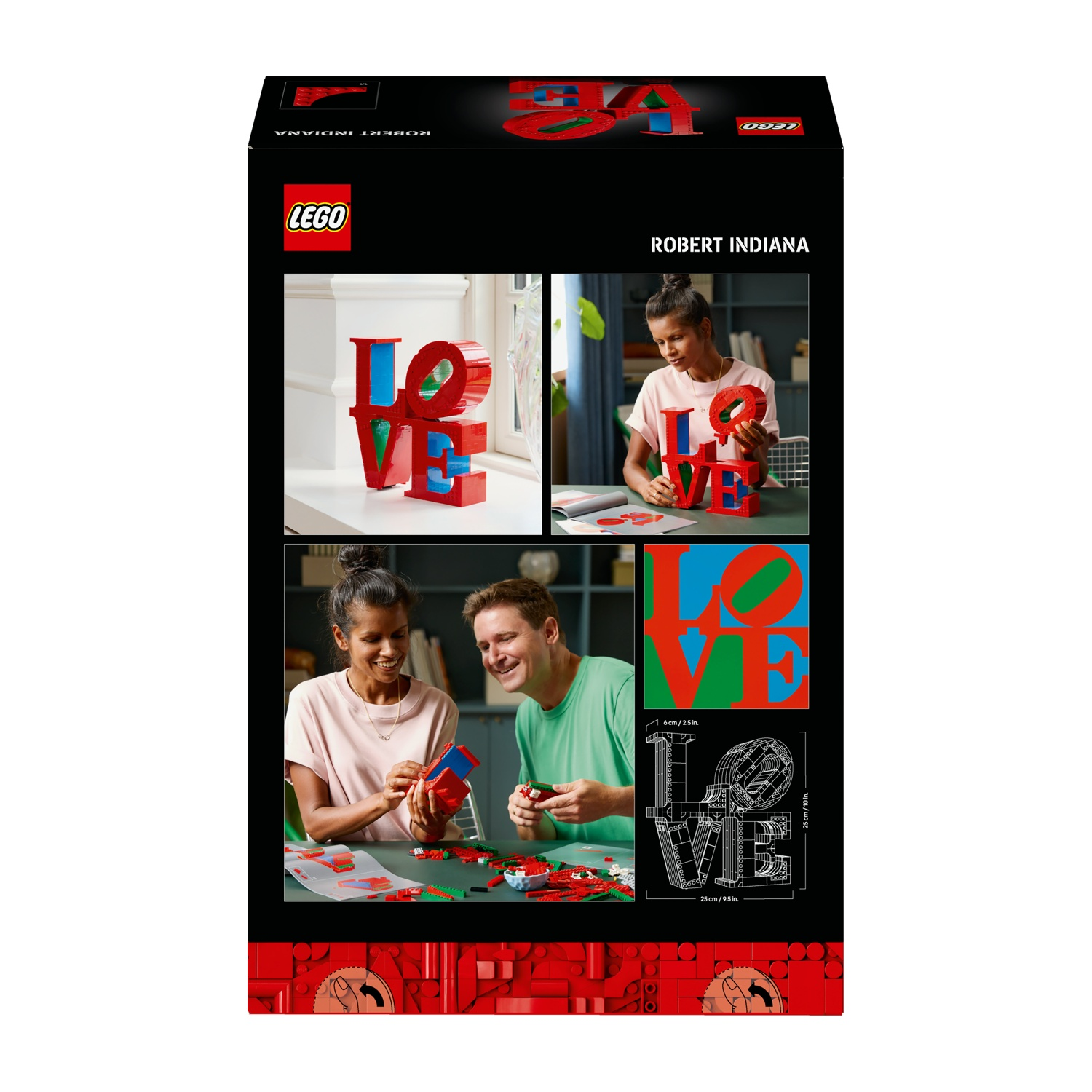 L'immagine mostra una scatola LEGO con la scritta ROBERT INDIANA. Contiene diverse immagini di persone che costruiscono una scultura LOVE rossa e blu.