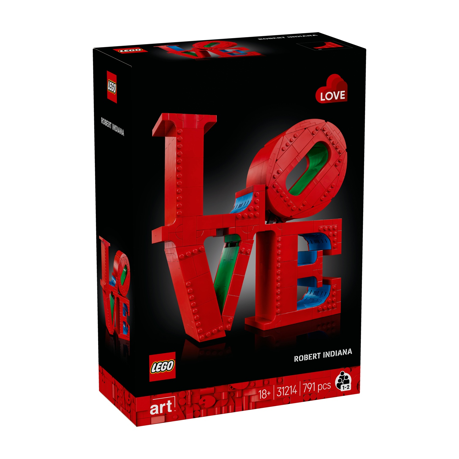Una scatola Lego presenta una scultura rossa 'LOVE'. La scatola ha il logo Lego, il testo 'ROBERT INDIANA' e 'art'. Lo sfondo è nero.
