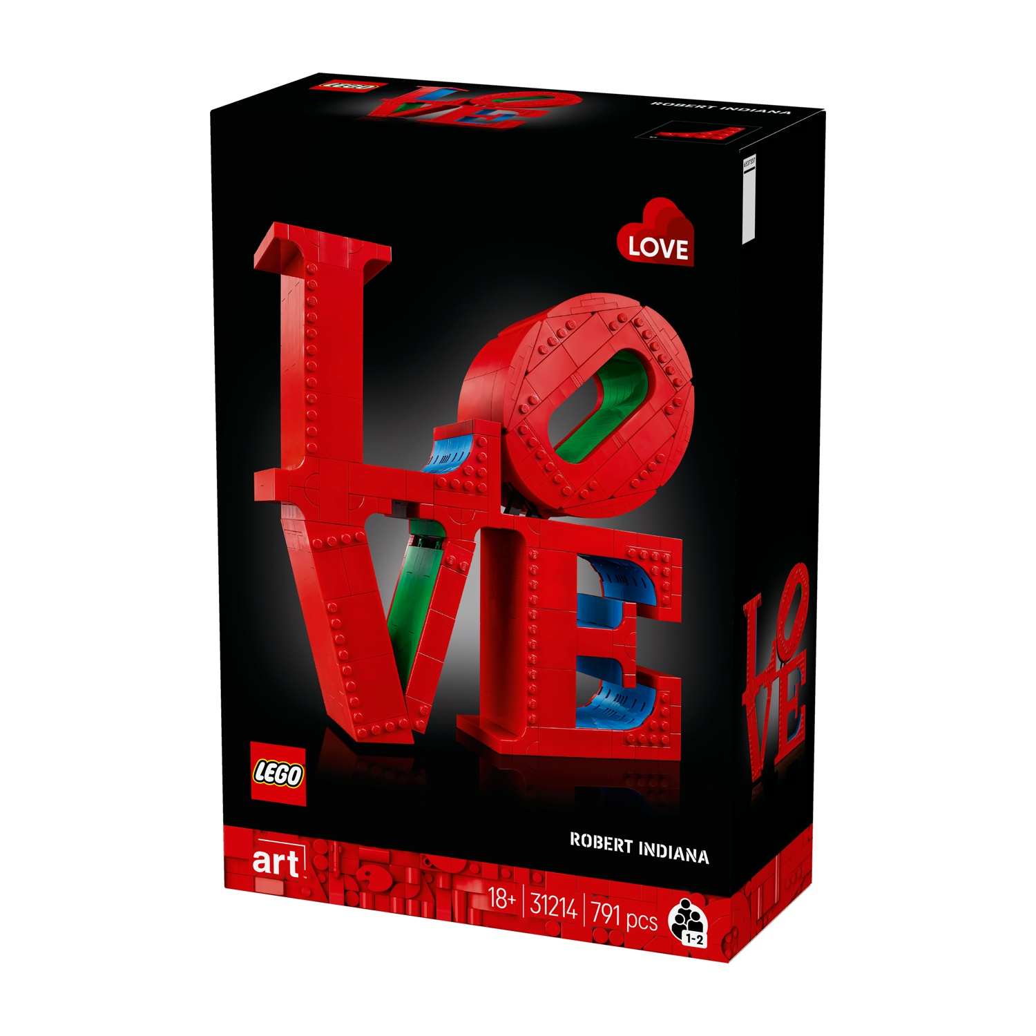 Una scatola Lego mostra una scultura 'LOVE' rossa. La scatola ha sfondo nero, logo Lego e il nome di Robert Indiana.