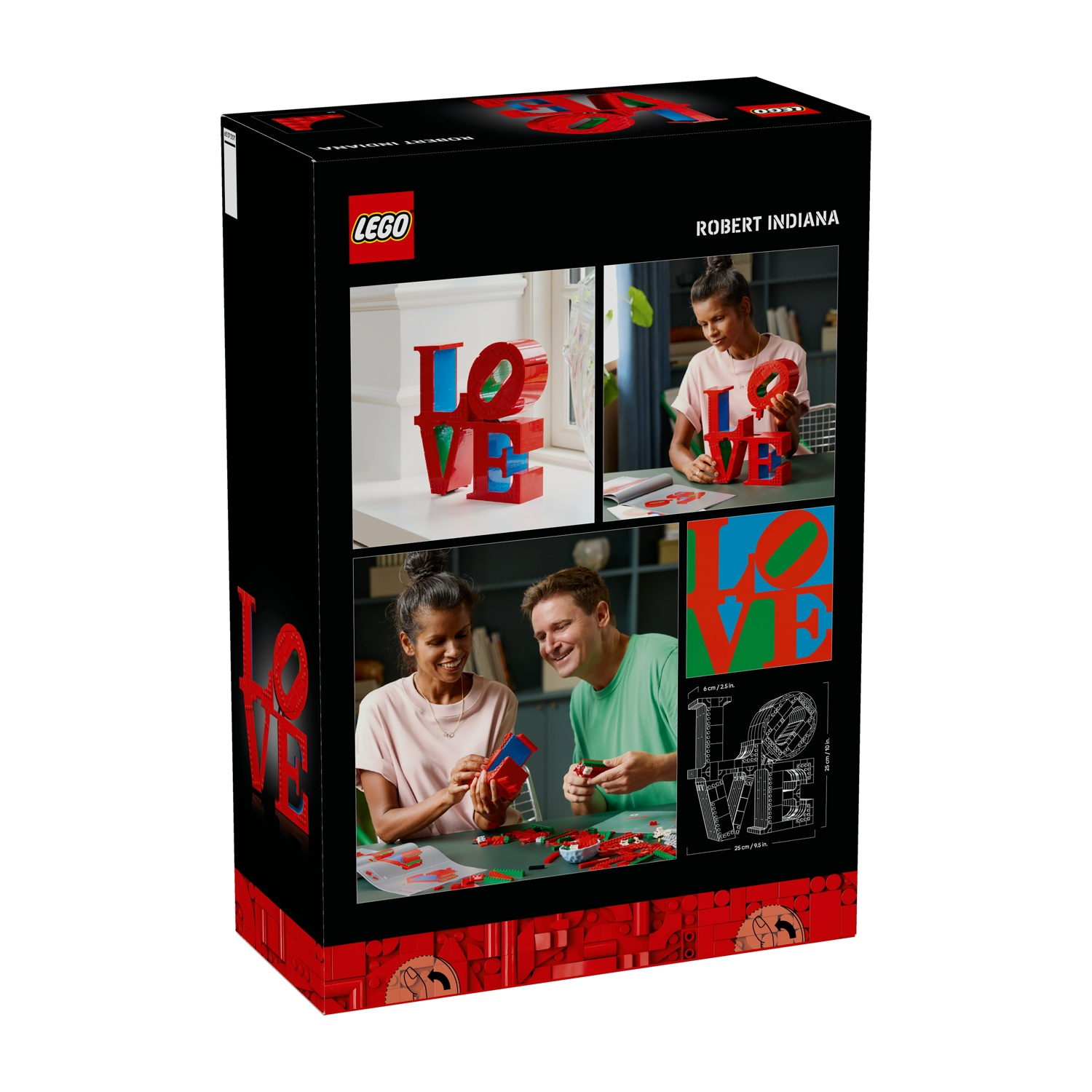 Una scatola Lego mostra la scultura LOVE di Robert Indiana. Mostra persone che la costruiscono e il prodotto finito.